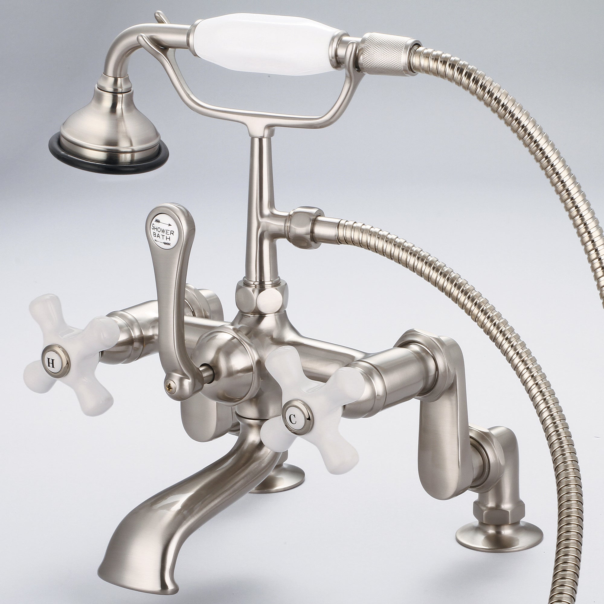 Water Creation | Vintage Classic Adjustable Center Deck Mount Tub Faucet With Handheld Shower in Brushed Nickel Finish With Porcelain Cross Handles, Hot And Cold Labels Included | F6-0008-02-PX Water Creation | Vintage Classic Adjustable Center Deck Mount Tub Faucet With Handheld Shower in Brushed Nickel Finish With Porcelain Cross Handles, Hot And Cold Labels Included | F6-0008-02-PX