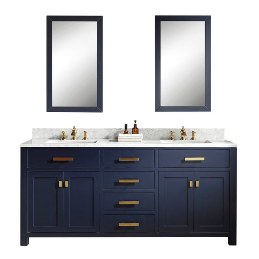 Water Creation | Madison 72-Inch Double Sink Carrara White Marble Vanity In Monarch Blue With Matching Mirror(s) and F2-0013-06-FX Lavatory Faucet(s) | MS72CW06MB-R21FX1306
