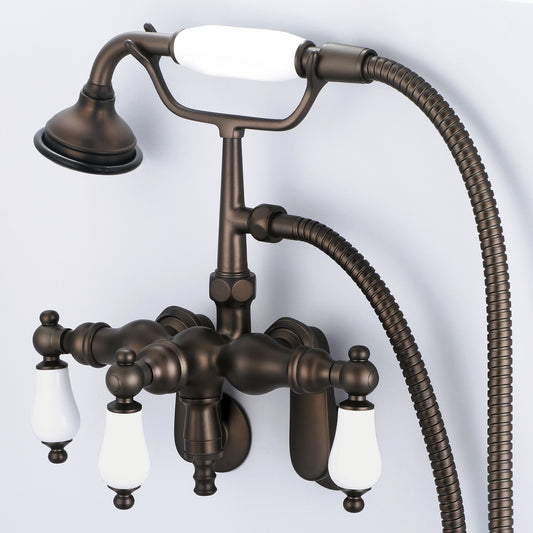 Water Creation | Vintage Classic Adjustable Center Wall Mount Tub Faucet With Down Spout, Swivel Wall Connector & Handheld Shower in Oil-rubbed Bronze Finish Finish With Porcelain Lever Handles Without labels | F6-0018-03-PL