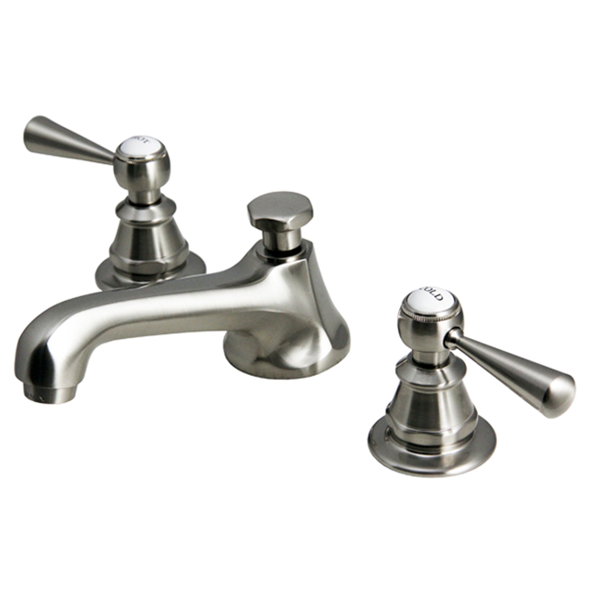 Water Creation | American 20th Century Classic Widespread Lavatory F2-0009 Faucets With Pop-Up Drain in Brushed Nickel Finish With Torch Lever Handles, Hot And Cold Labels Included | F2-0009-02-TL Water Creation | American 20th Century Classic Widespread Lavatory F2-0009 Faucets With Pop-Up Drain in Brushed Nickel Finish With Torch Lever Handles, Hot And Cold Labels Included | F2-0009-02-TL