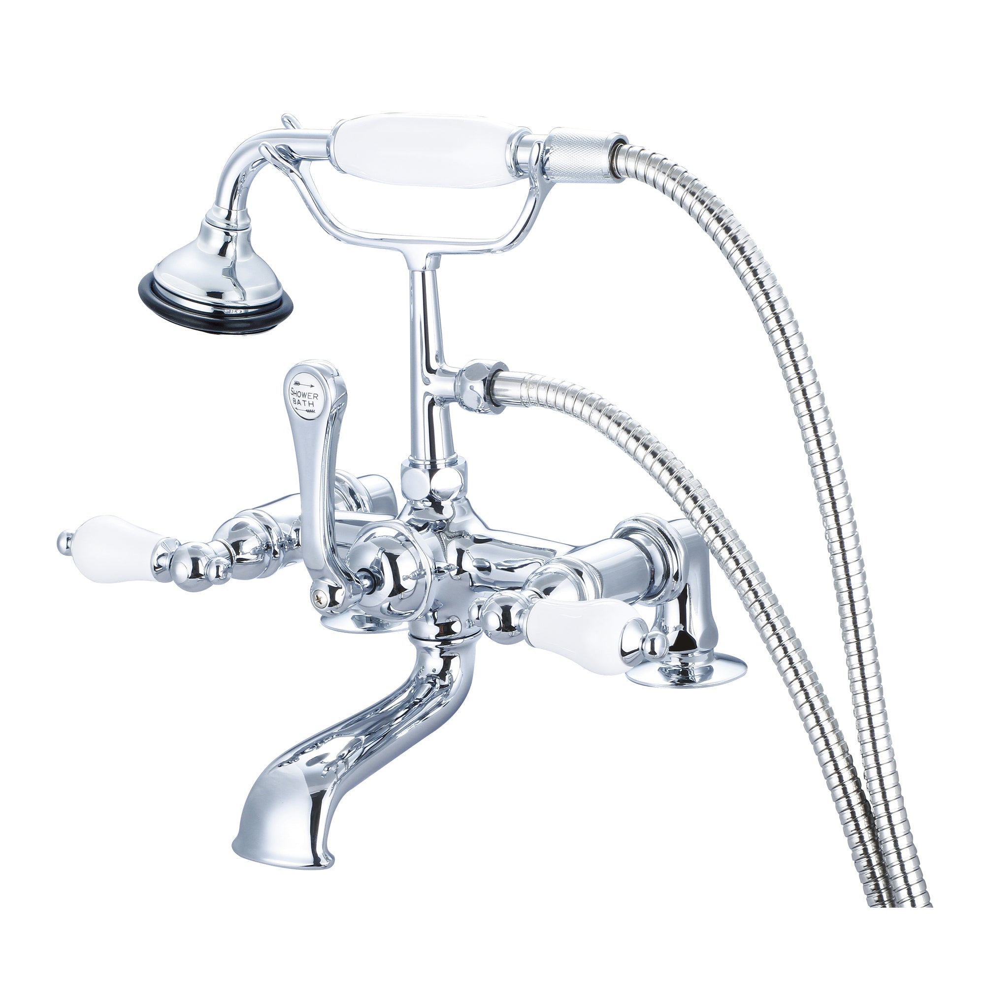 Water Creation | Vintage Classic 7 Inch Spread Deck Mount Tub Faucet With 2 Inch Risers & Handheld Shower in Chrome Finish With Porcelain Lever Handles Without labels | F6-0007-01-PL Water Creation | Vintage Classic 7 Inch Spread Deck Mount Tub Faucet With 2 Inch Risers & Handheld Shower in Chrome Finish With Porcelain Lever Handles Without labels | F6-0007-01-PL