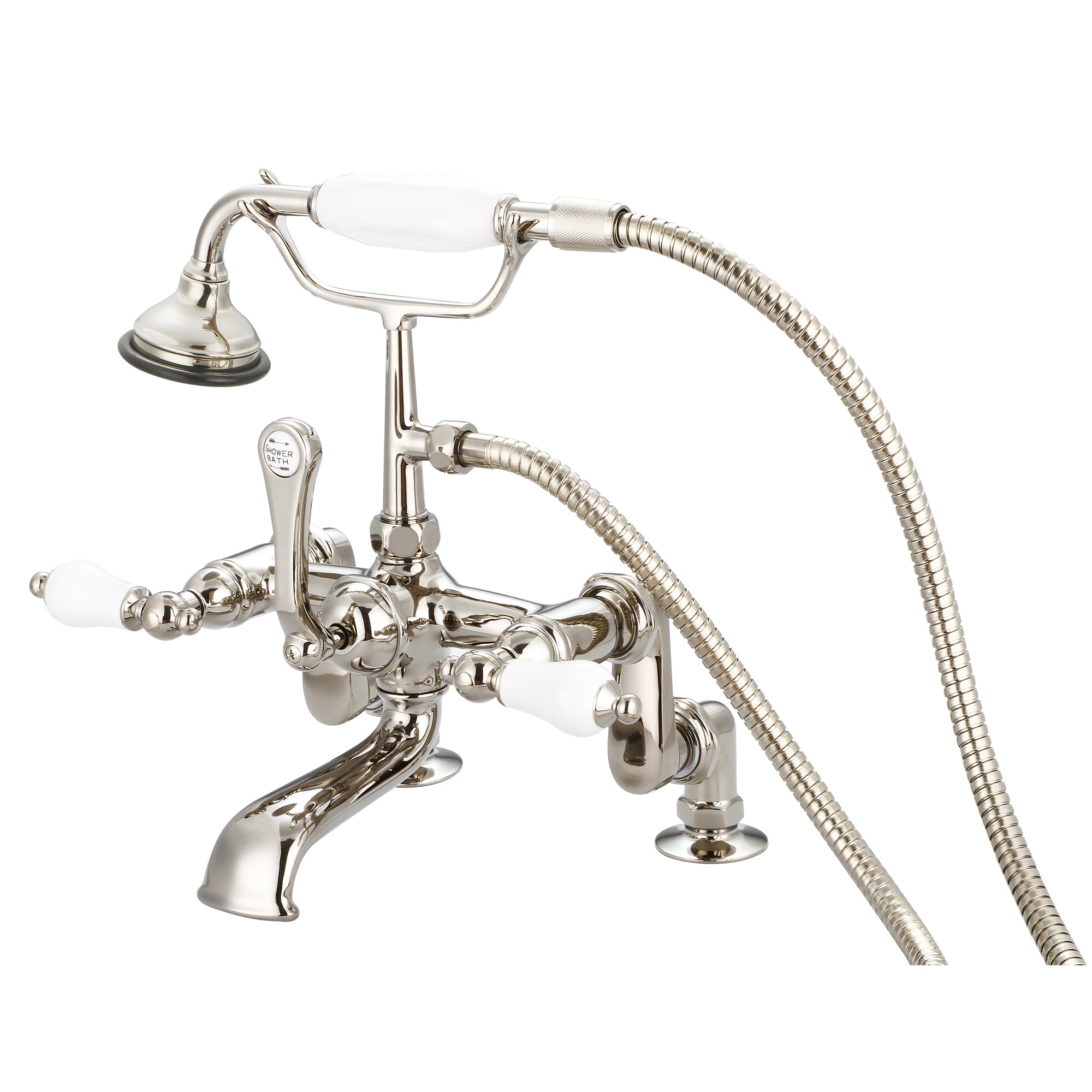 Water Creation | Vintage Classic Adjustable Center Deck Mount Tub Faucet With Handheld Shower in Polished Nickel (PVD) Finish With Porcelain Lever Handles Without labels | F6-0008-05-PL Water Creation | Vintage Classic Adjustable Center Deck Mount Tub Faucet With Handheld Shower in Polished Nickel (PVD) Finish With Porcelain Lever Handles Without labels | F6-0008-05-PL