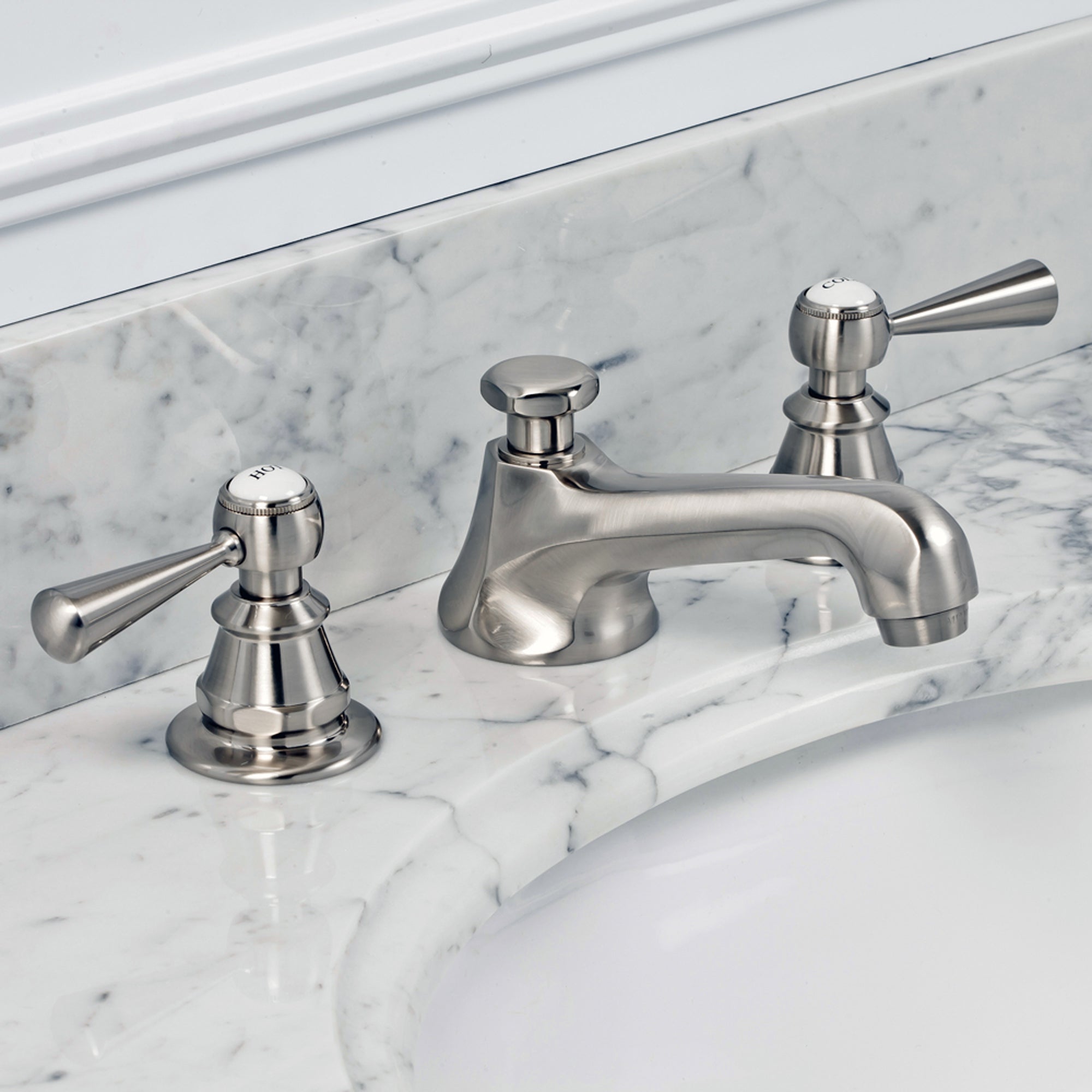 Water Creation | American 20th Century Classic Widespread Lavatory F2-0009 Faucets With Pop-Up Drain in Brushed Nickel Finish With Torch Lever Handles, Hot And Cold Labels Included | F2-0009-02-TL Water Creation | American 20th Century Classic Widespread Lavatory F2-0009 Faucets With Pop-Up Drain in Brushed Nickel Finish With Torch Lever Handles, Hot And Cold Labels Included | F2-0009-02-TL