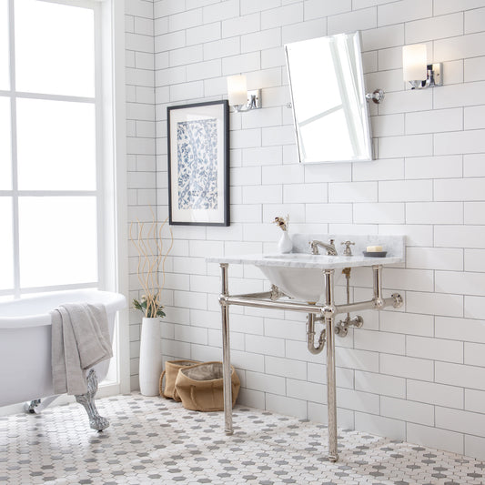 Water Creation | Embassy 30 Inch Wide Single Wash Stand, P-Trap, Counter Top with Basin, F2-0009 Faucet and Mirror included in Polished Nickel (PVD) Finish | EB30E-0509