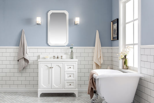 Water Creation | Queen 36-Inch Single Sink Quartz Carrara Vanity In Pure White | QU36QZ05PW-000000000