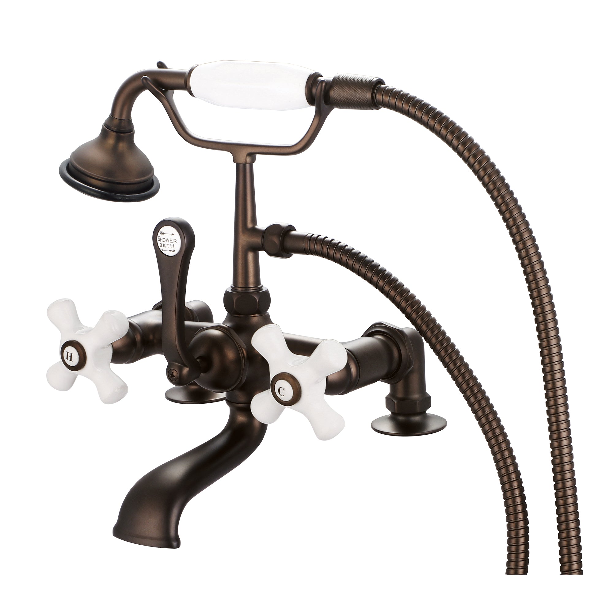 Water Creation | Vintage Classic 7 Inch Spread Deck Mount Tub Faucet With 2 Inch Risers & Handheld Shower in Oil-rubbed Bronze Finish Finish With Porcelain Cross Handles, Hot And Cold Labels Included | F6-0007-03-PX Water Creation | Vintage Classic 7 Inch Spread Deck Mount Tub Faucet With 2 Inch Risers & Handheld Shower in Oil-rubbed Bronze Finish Finish With Porcelain Cross Handles, Hot And Cold Labels Included | F6-0007-03-PX