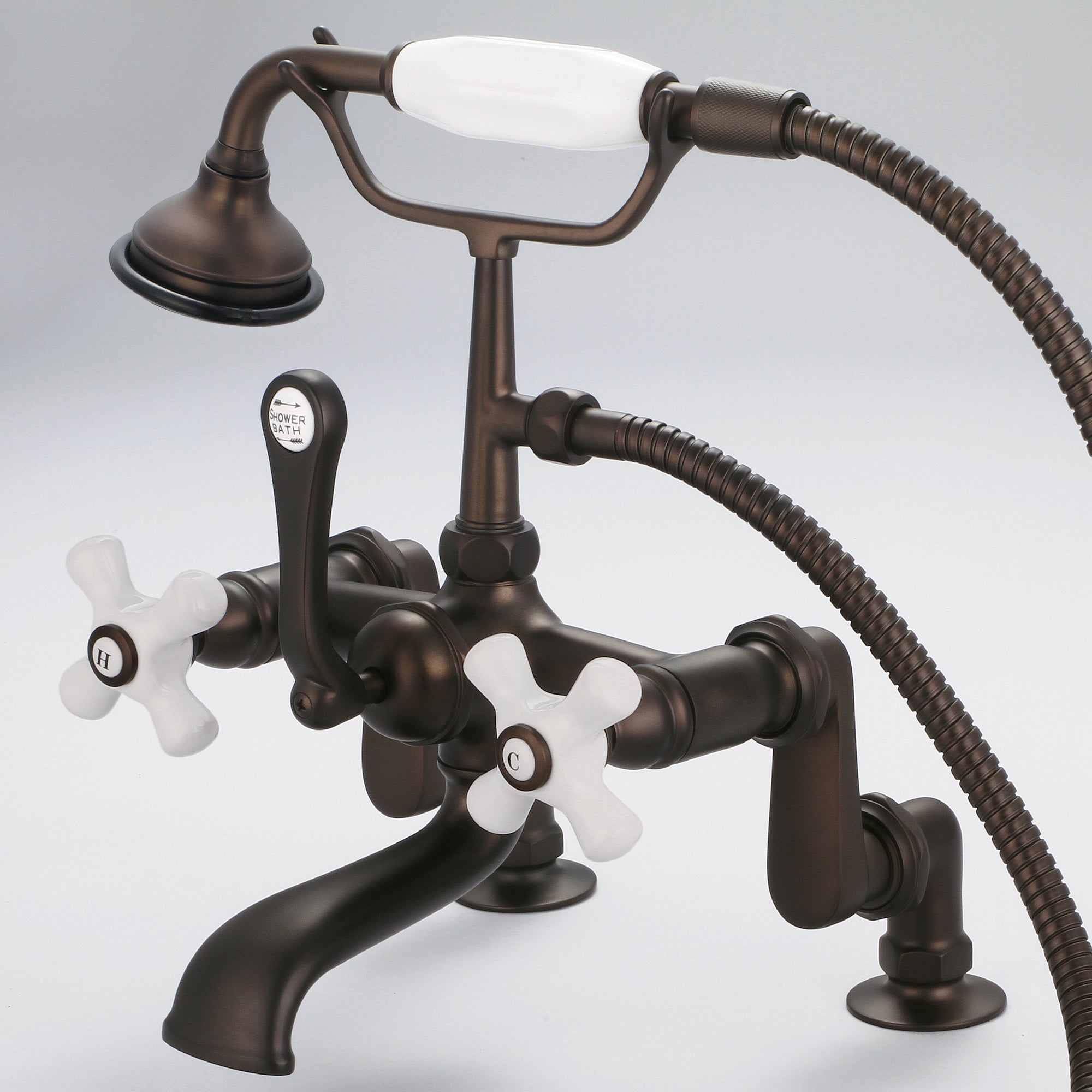 Water Creation | Vintage Classic Adjustable Center Deck Mount Tub Faucet With Handheld Shower in Oil-rubbed Bronze Finish Finish With Porcelain Cross Handles, Hot And Cold Labels Included | F6-0008-03-PX Water Creation | Vintage Classic Adjustable Center Deck Mount Tub Faucet With Handheld Shower in Oil-rubbed Bronze Finish Finish With Porcelain Cross Handles, Hot And Cold Labels Included | F6-0008-03-PX