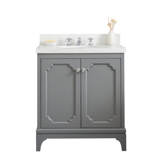 Water Creation | Queen 30-Inch Single Sink Quartz Carrara Vanity In Cashmere Grey With F2-0009-01-BX Lavatory Faucet(s) | QU30QZ01CG-000BX0901