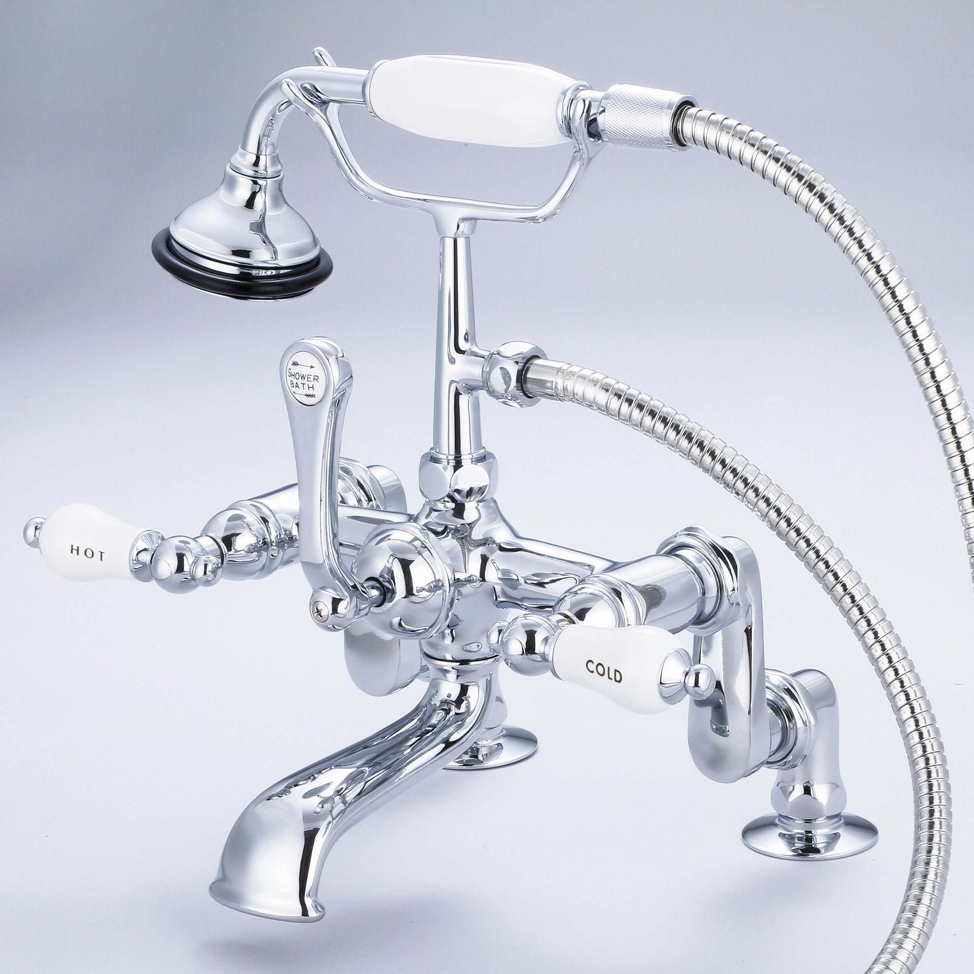 Water Creation | Vintage Classic Adjustable Center Deck Mount Tub Faucet With Handheld Shower in Chrome Finish With Porcelain Lever Handles, Hot And Cold Labels Included | F6-0008-01-CL Water Creation | Vintage Classic Adjustable Center Deck Mount Tub Faucet With Handheld Shower in Chrome Finish With Porcelain Lever Handles, Hot And Cold Labels Included | F6-0008-01-CL