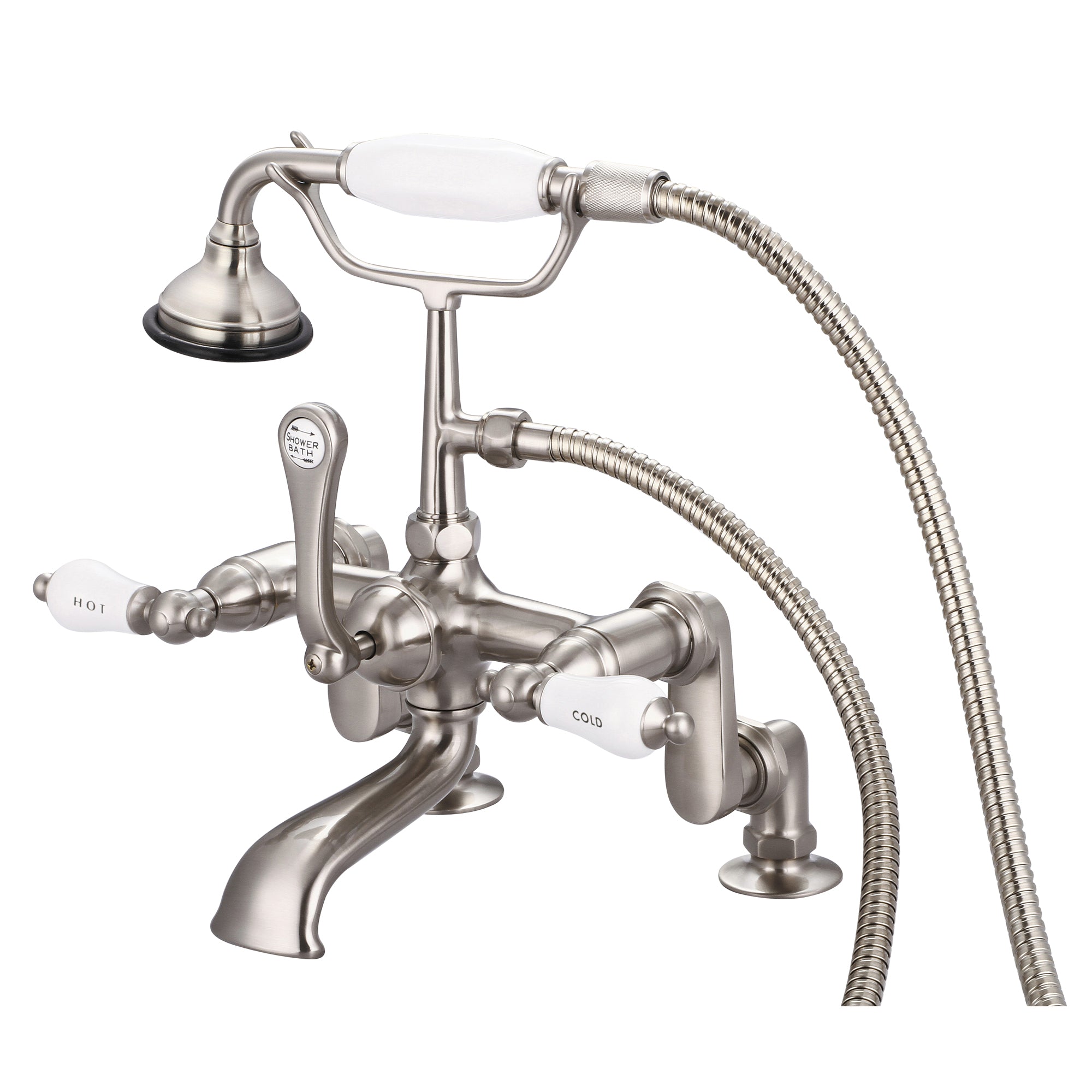 Water Creation | Vintage Classic Adjustable Center Deck Mount Tub Faucet With Handheld Shower in Brushed Nickel Finish With Porcelain Lever Handles, Hot And Cold Labels Included | F6-0008-02-CL Water Creation | Vintage Classic Adjustable Center Deck Mount Tub Faucet With Handheld Shower in Brushed Nickel Finish With Porcelain Lever Handles, Hot And Cold Labels Included | F6-0008-02-CL