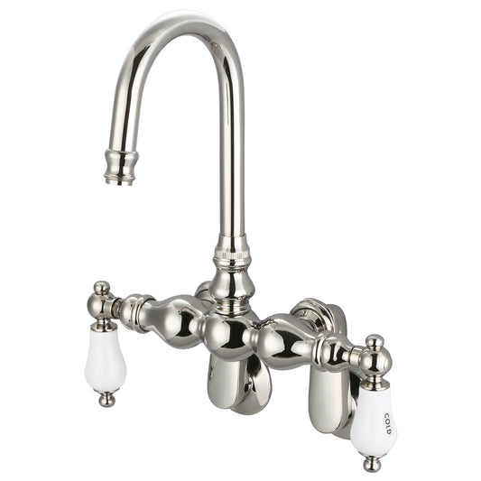 Water Creation | Vintage Classic Adjustable Spread Wall Mount Tub Faucet With Gooseneck Spout & Swivel Wall Connector in Polished Nickel (PVD) Finish With Porcelain Lever Handles, Hot And Cold Labels Included | F6-0015-05-CL