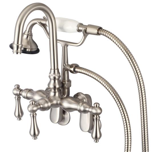 Water Creation | Vintage Classic Adjustable Spread Wall Mount Tub Faucet With Gooseneck Spout, Swivel Wall Connector & Handheld Shower in Brushed Nickel Finish With Metal Lever Handles Without Labels | F6-0011-02-AL