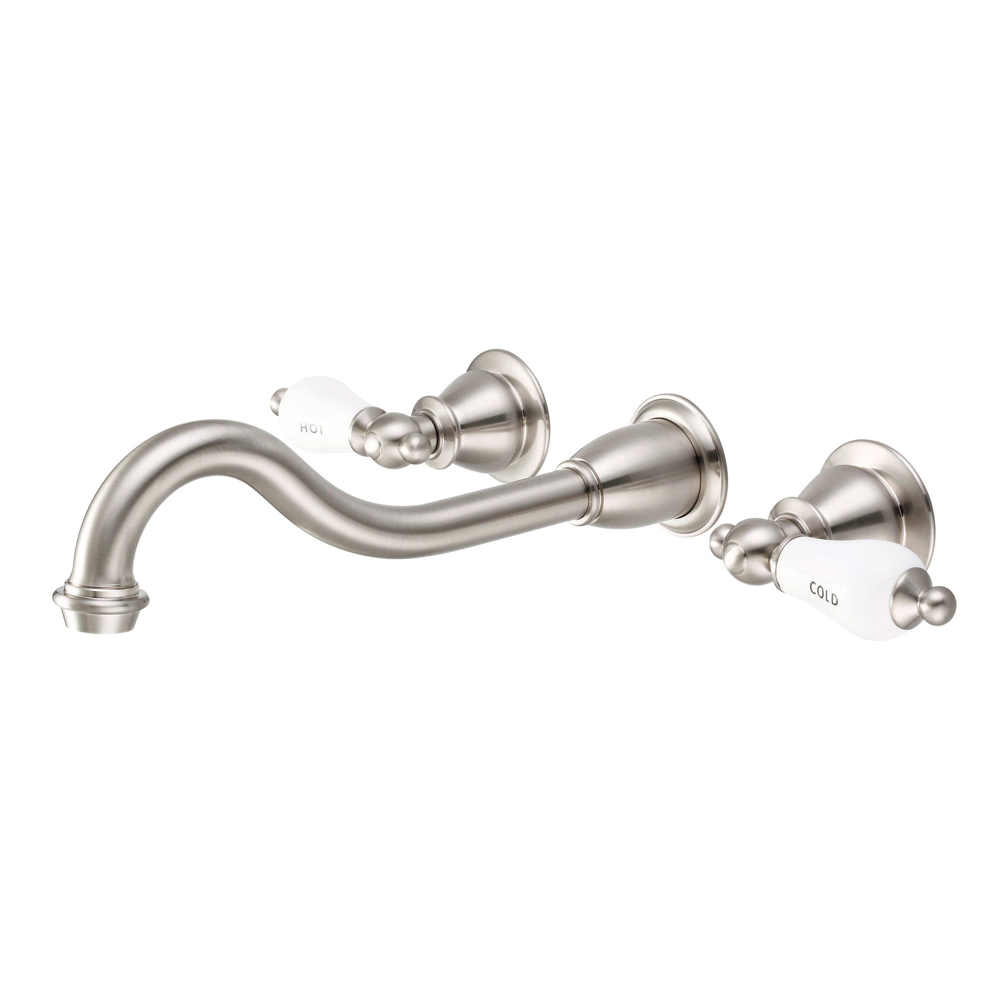 Water Creation | Elegant Spout Wall Mount Vessel/Lavatory Faucets in Brushed Nickel Finish With Porcelain Lever Handles, Hot And Cold Labels Included | F4-0001-02-CL Water Creation | Elegant Spout Wall Mount Vessel/Lavatory Faucets in Brushed Nickel Finish With Porcelain Lever Handles, Hot And Cold Labels Included | F4-0001-02-CL