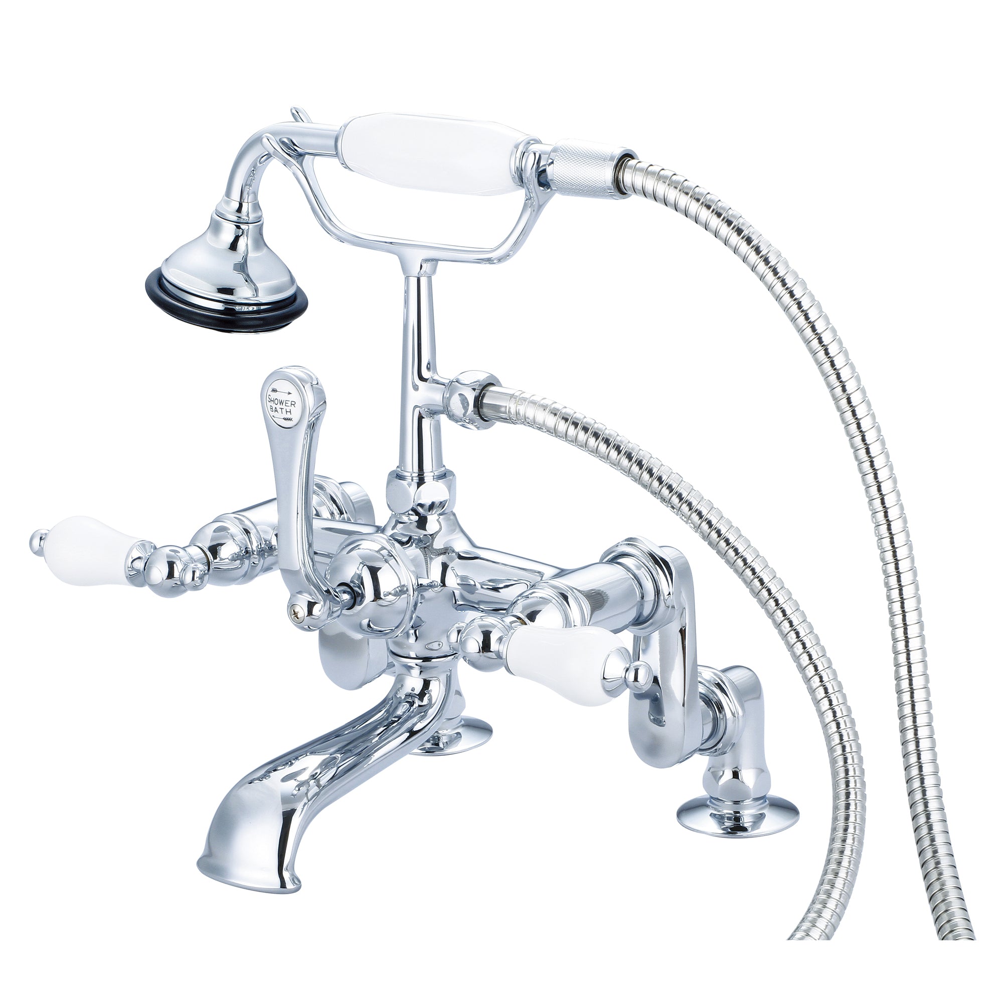 Water Creation | Vintage Classic Adjustable Center Deck Mount Tub Faucet With Handheld Shower in Chrome Finish With Porcelain Lever Handles Without labels | F6-0008-01-PL Water Creation | Vintage Classic Adjustable Center Deck Mount Tub Faucet With Handheld Shower in Chrome Finish With Porcelain Lever Handles Without labels | F6-0008-01-PL