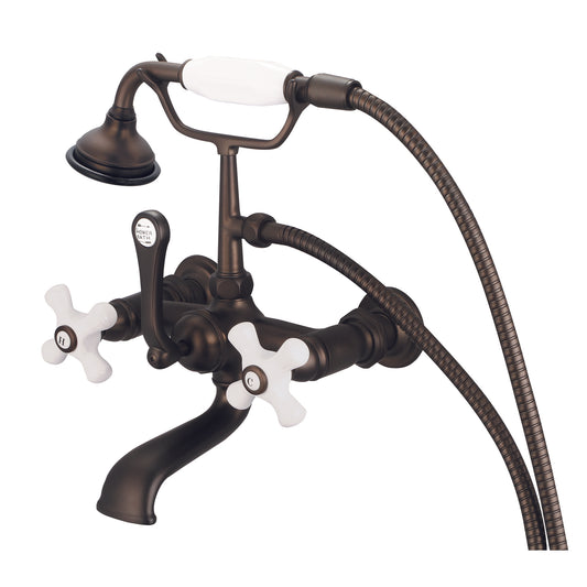 Water Creation | Vintage Classic 7 Inch Spread Wall Mount Tub Faucet With Straight Wall Connector & Handheld Shower in Oil-rubbed Bronze Finish Finish With Porcelain Cross Handles, Hot And Cold Labels Included | F6-0010-03-PX