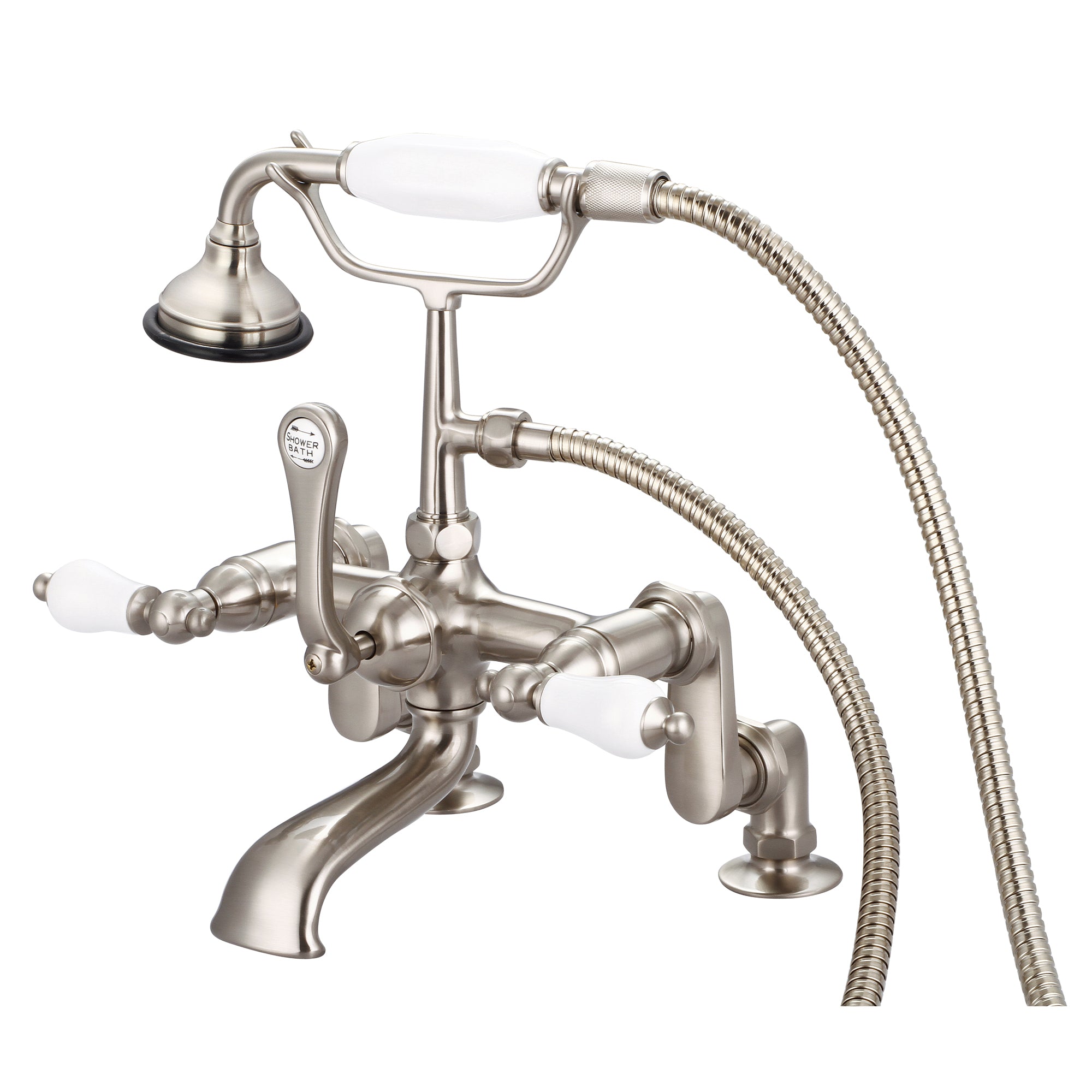 Water Creation | Vintage Classic Adjustable Center Deck Mount Tub Faucet With Handheld Shower in Brushed Nickel Finish With Porcelain Lever Handles Without labels | F6-0008-02-PL Water Creation | Vintage Classic Adjustable Center Deck Mount Tub Faucet With Handheld Shower in Brushed Nickel Finish With Porcelain Lever Handles Without labels | F6-0008-02-PL