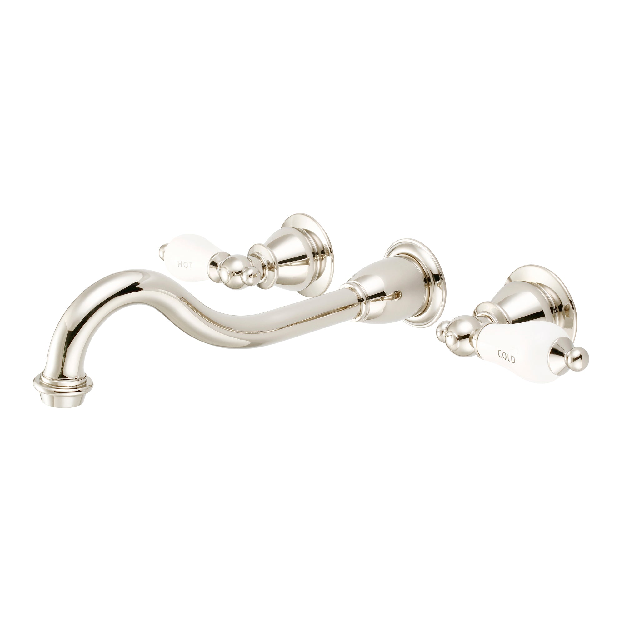 Water Creation | Elegant Spout Wall Mount Vessel/Lavatory Faucets in Polished Nickel (PVD) Finish With Porcelain Lever Handles, Hot And Cold Labels Included | F4-0001-05-CL Water Creation | Elegant Spout Wall Mount Vessel/Lavatory Faucets in Polished Nickel (PVD) Finish With Porcelain Lever Handles, Hot And Cold Labels Included | F4-0001-05-CL