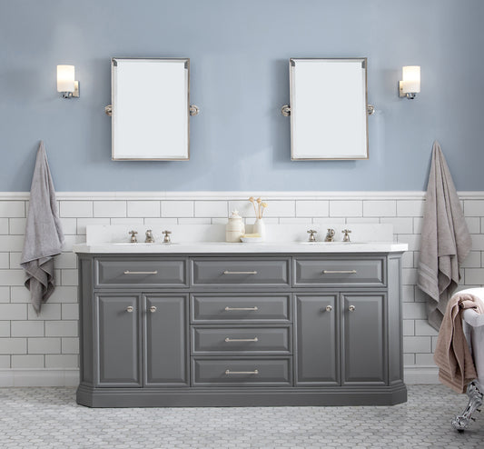 Water Creation | 72" Palace Collection Quartz Carrara Cashmere Grey Bathroom Vanity Set With Hardware And F2-0009 Faucets in Polished Nickel (PVD) Finish | PA72QZ05CG-000BX0905