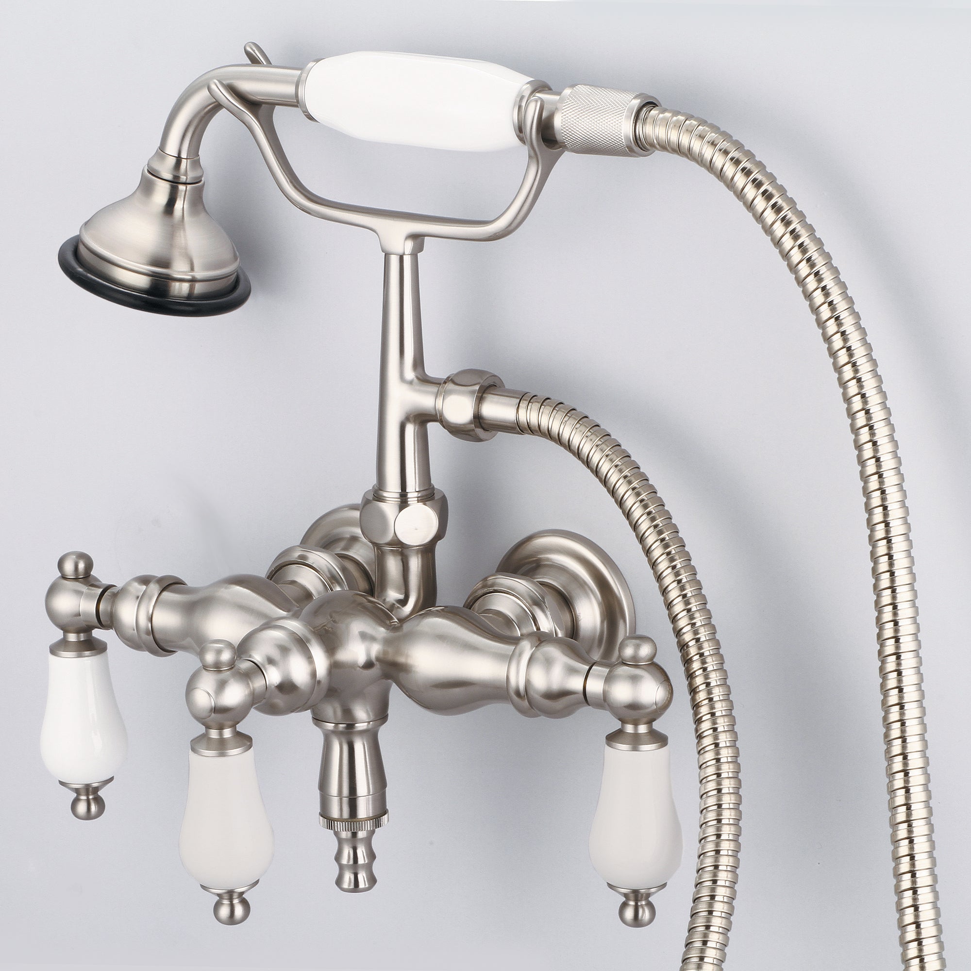 Water Creation | Vintage Classic 3.375 Inch Center Wall Mount Tub Faucet With Down Spout, Straight Wall Connector & Handheld Shower in Brushed Nickel Finish With Porcelain Lever Handles Without labels | F6-0017-02-PL Water Creation | Vintage Classic 3.375 Inch Center Wall Mount Tub Faucet With Down Spout, Straight Wall Connector & Handheld Shower in Brushed Nickel Finish With Porcelain Lever Handles Without labels | F6-0017-02-PL