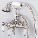 Water Creation | Vintage Classic 3.375 Inch Center Wall Mount Tub Faucet With Down Spout, Straight Wall Connector & Handheld Shower in Brushed Nickel Finish With Porcelain Lever Handles Without labels | F6-0017-02-PL Water Creation | Vintage Classic 3.375 Inch Center Wall Mount Tub Faucet With Down Spout, Straight Wall Connector & Handheld Shower in Brushed Nickel Finish With Porcelain Lever Handles Without labels | F6-0017-02-PL