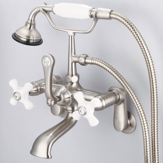 Water Creation | Vintage Classic Adjustable Center Wall Mount Tub Faucet With Swivel Wall Connector & Handheld Shower in Brushed Nickel Finish With Porcelain Cross Handles, Hot And Cold Labels Included | F6-0009-02-PX