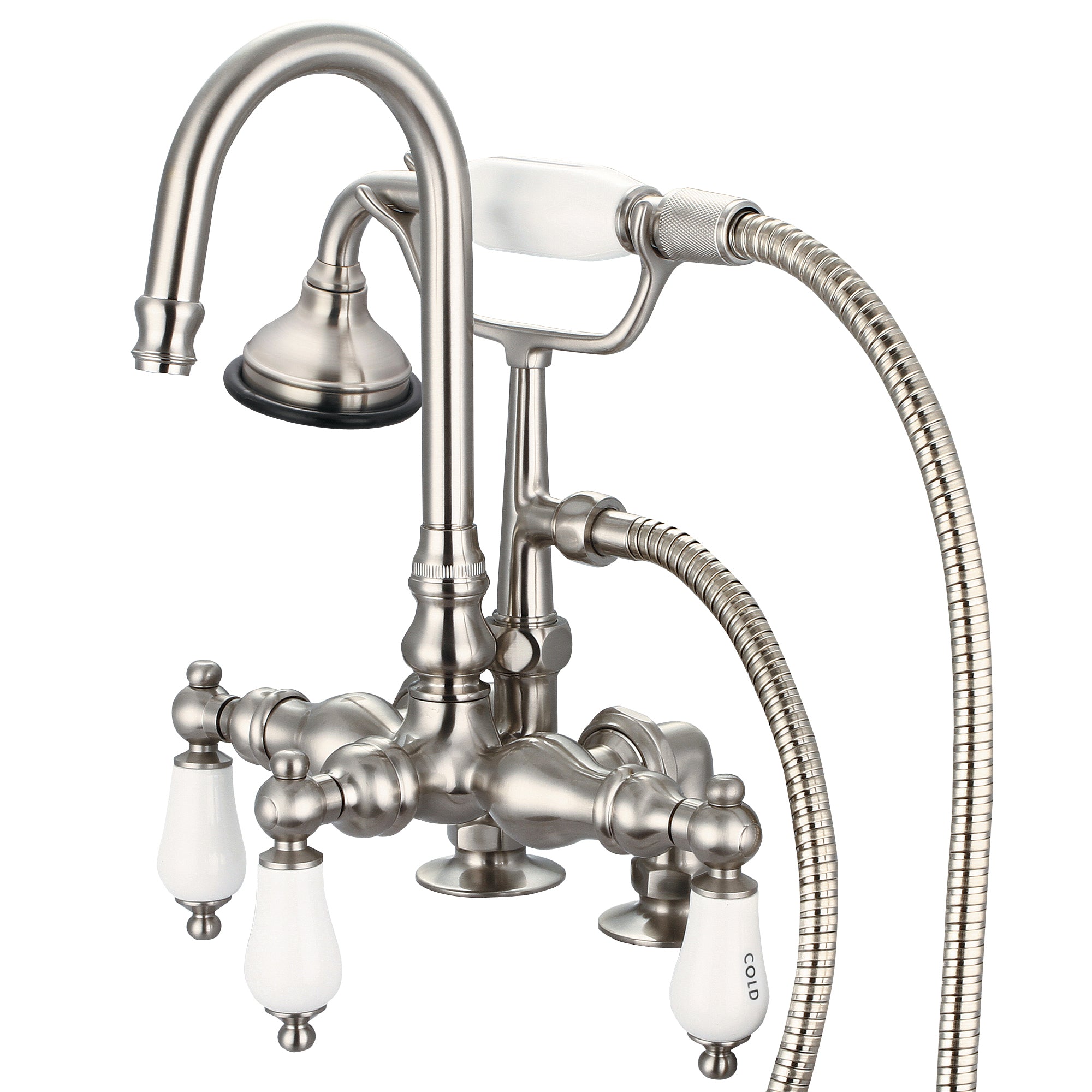 Water Creation | Vintage Classic 3.375 Inch Center Deck Mount Tub Faucet With Gooseneck Spout, 2 Inch Risers & Handheld Shower in Brushed Nickel Finish With Porcelain Lever Handles, Hot And Cold Labels Included | F6-0013-02-CL Water Creation | Vintage Classic 3.375 Inch Center Deck Mount Tub Faucet With Gooseneck Spout, 2 Inch Risers & Handheld Shower in Brushed Nickel Finish With Porcelain Lever Handles, Hot And Cold Labels Included | F6-0013-02-CL