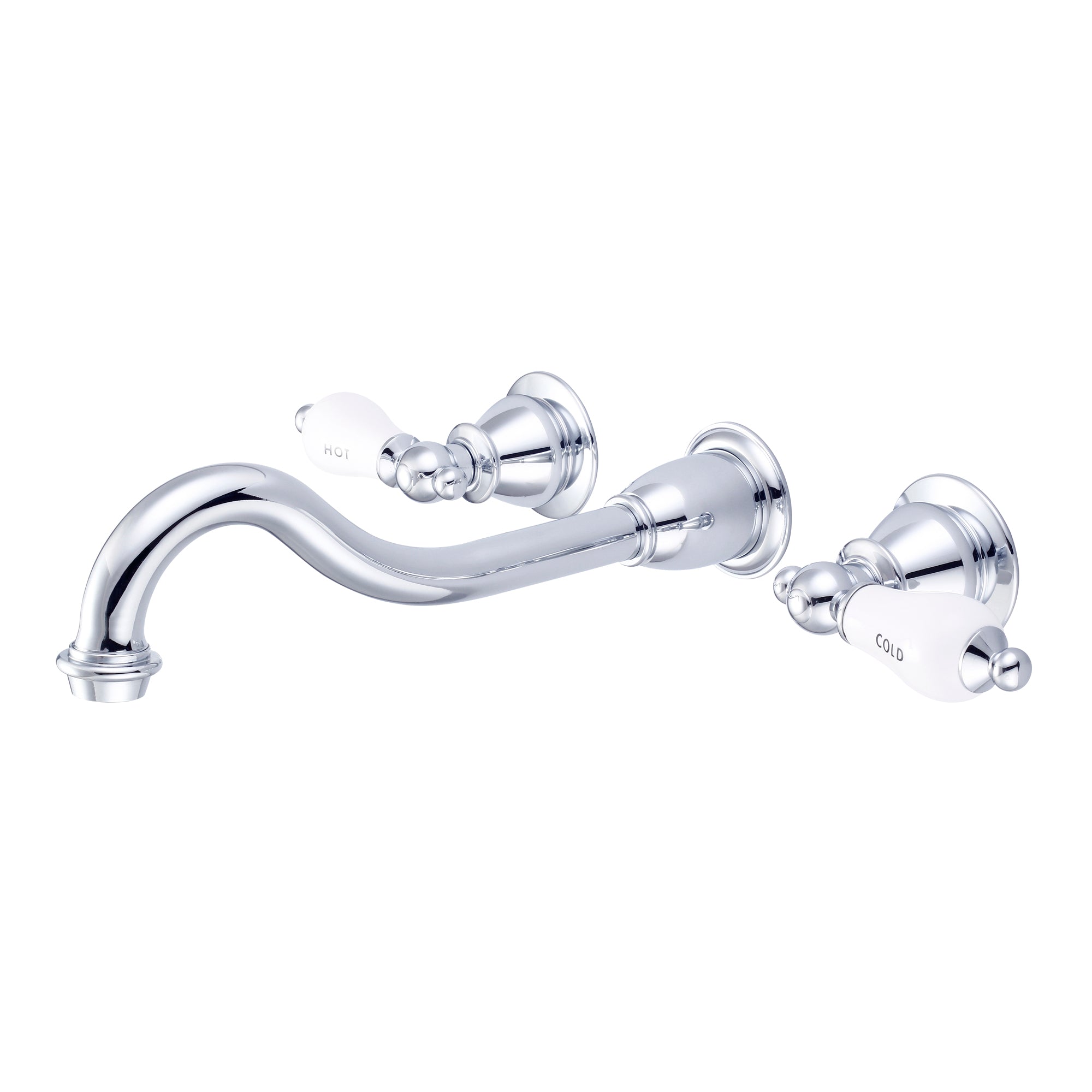 Water Creation | Elegant Spout Wall Mount Vessel/Lavatory Faucets in Chrome Finish With Porcelain Lever Handles, Hot And Cold Labels Included | F4-0001-01-CL Water Creation | Elegant Spout Wall Mount Vessel/Lavatory Faucets in Chrome Finish With Porcelain Lever Handles, Hot And Cold Labels Included | F4-0001-01-CL