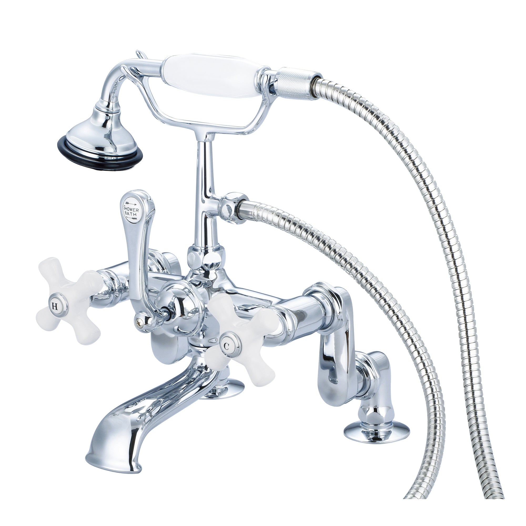 Water Creation | Vintage Classic Adjustable Center Deck Mount Tub Faucet With Handheld Shower in Chrome Finish With Porcelain Cross Handles, Hot And Cold Labels Included | F6-0008-01-PX Water Creation | Vintage Classic Adjustable Center Deck Mount Tub Faucet With Handheld Shower in Chrome Finish With Porcelain Cross Handles, Hot And Cold Labels Included | F6-0008-01-PX