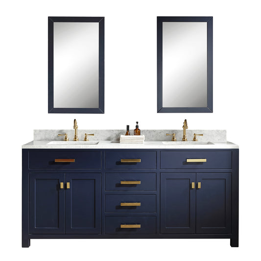 Water Creation | Madison 72-Inch Double Sink Carrara White Marble Vanity In Monarch Blue With Matching Mirror(s) and F2-0012-06-TL Lavatory Faucet(s) | MS72CW06MB-R21TL1206