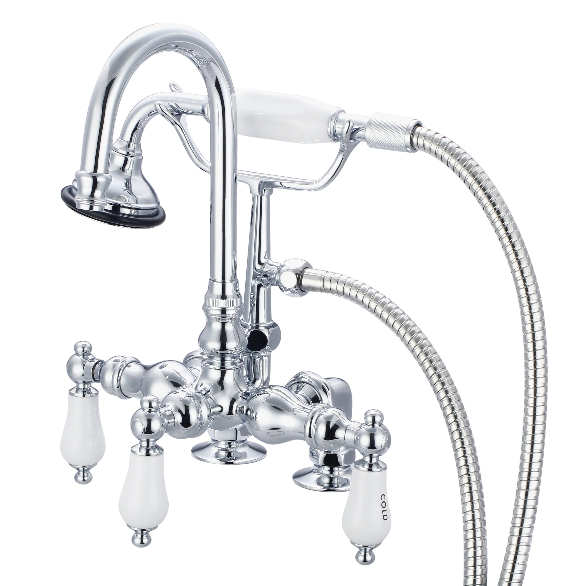 Water Creation | Vintage Classic 3.375 Inch Center Deck Mount Tub Faucet With Gooseneck Spout, 2 Inch Risers & Handheld Shower in Chrome Finish With Porcelain Lever Handles, Hot And Cold Labels Included | F6-0013-01-CL Water Creation | Vintage Classic 3.375 Inch Center Deck Mount Tub Faucet With Gooseneck Spout, 2 Inch Risers & Handheld Shower in Chrome Finish With Porcelain Lever Handles, Hot And Cold Labels Included | F6-0013-01-CL
