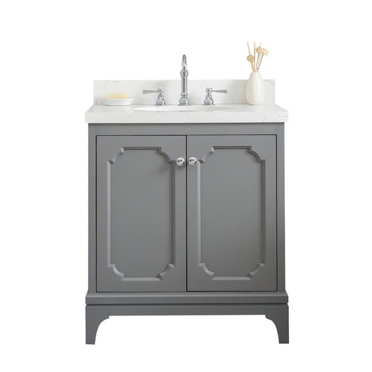 Water Creation | Queen 30-Inch Single Sink Quartz Carrara Vanity In Cashmere Grey With F2-0012-01-TL Lavatory Faucet(s) | QU30QZ01CG-000TL1201