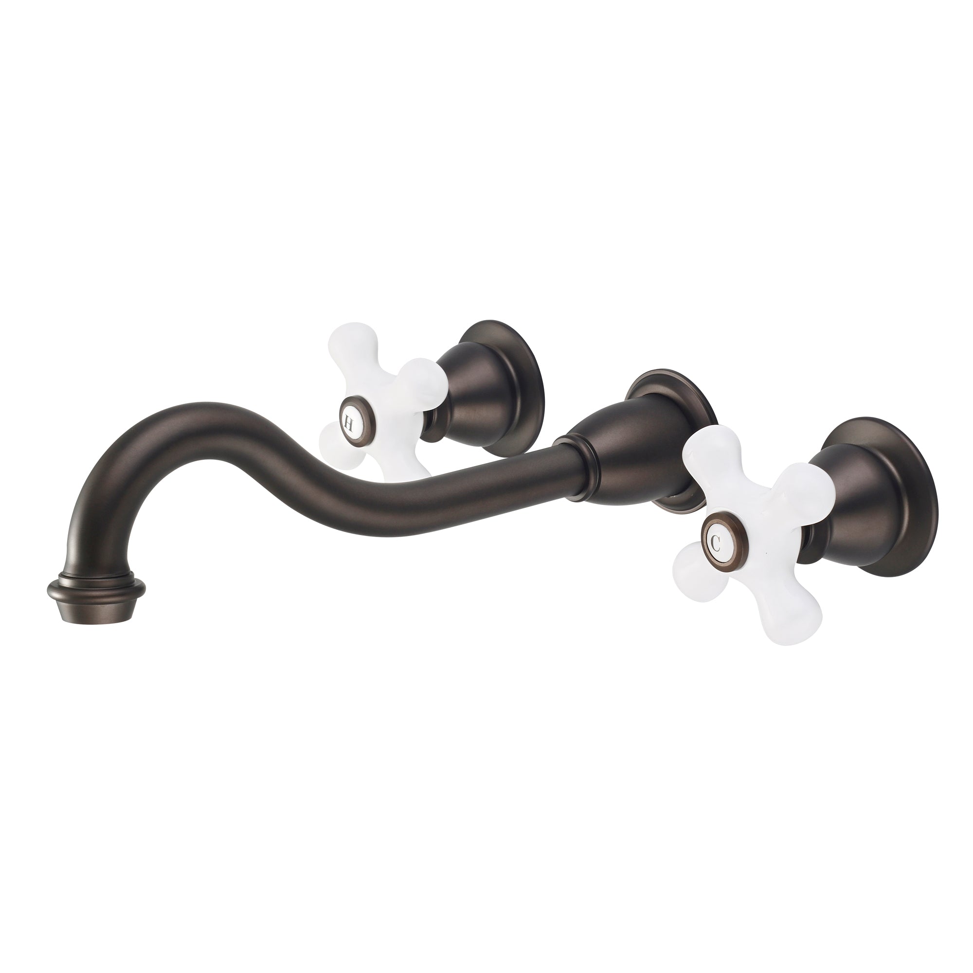 Water Creation | Elegant Spout Wall Mount Vessel/Lavatory Faucets in Oil-rubbed Bronze Finish Finish With Porcelain Cross Handles, Hot And Cold Labels Included | F4-0001-03-PX Water Creation | Elegant Spout Wall Mount Vessel/Lavatory Faucets in Oil-rubbed Bronze Finish Finish With Porcelain Cross Handles, Hot And Cold Labels Included | F4-0001-03-PX