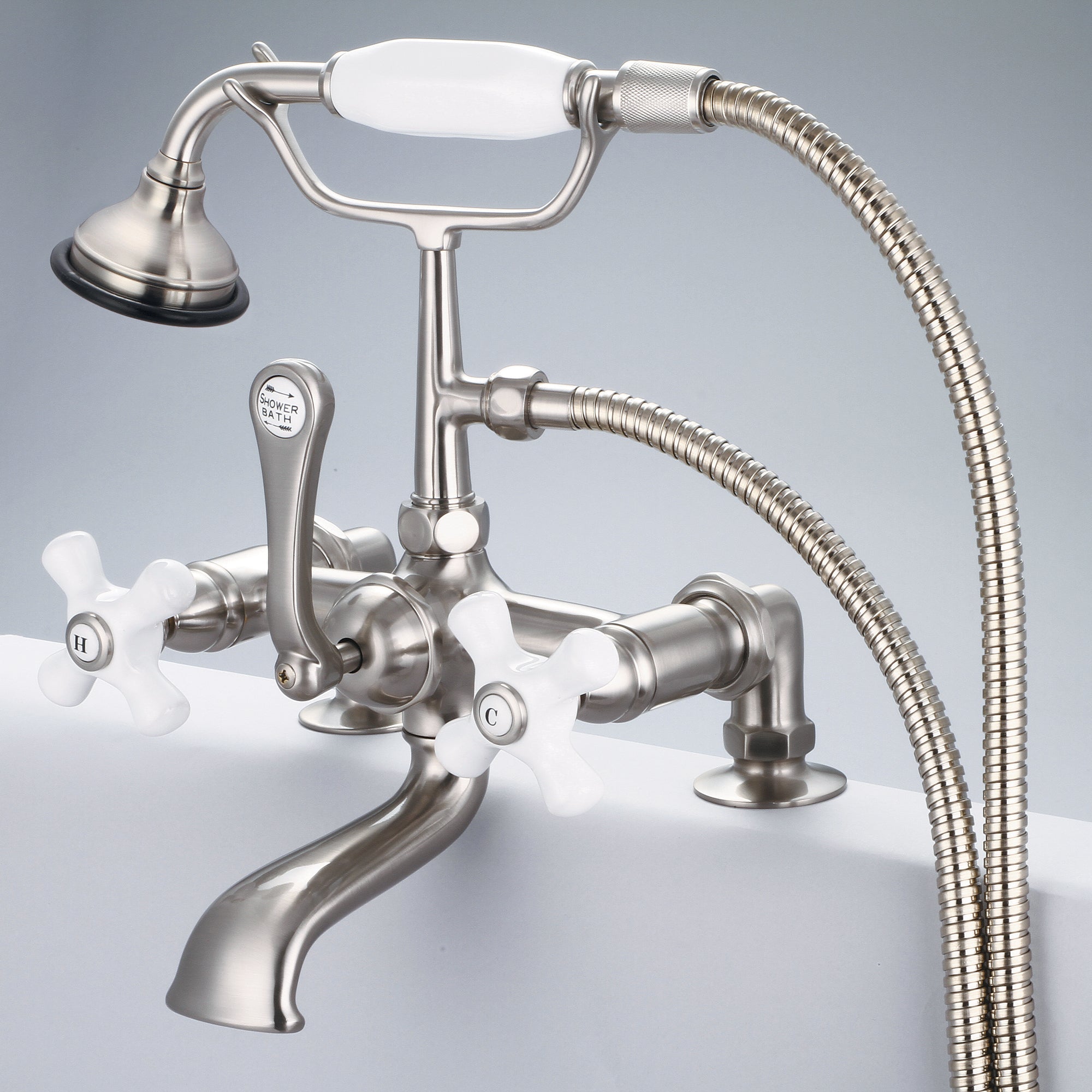 Water Creation | Vintage Classic 7 Inch Spread Deck Mount Tub Faucet With 2 Inch Risers & Handheld Shower in Brushed Nickel Finish With Porcelain Cross Handles, Hot And Cold Labels Included | F6-0007-02-PX Water Creation | Vintage Classic 7 Inch Spread Deck Mount Tub Faucet With 2 Inch Risers & Handheld Shower in Brushed Nickel Finish With Porcelain Cross Handles, Hot And Cold Labels Included | F6-0007-02-PX