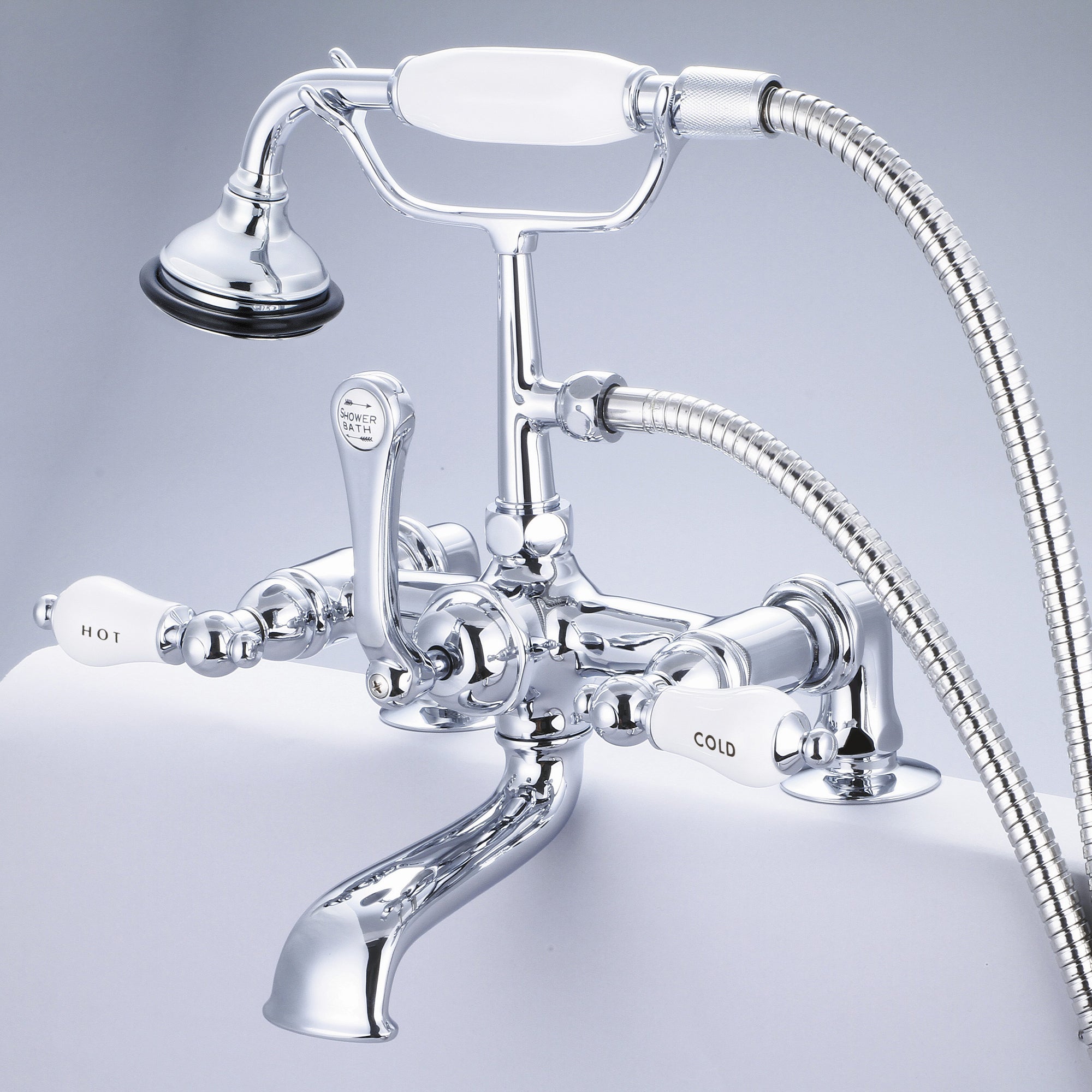 Water Creation | Vintage Classic 7 Inch Spread Deck Mount Tub Faucet With 2 Inch Risers & Handheld Shower in Chrome Finish With Porcelain Lever Handles, Hot And Cold Labels Included | F6-0007-01-CL Water Creation | Vintage Classic 7 Inch Spread Deck Mount Tub Faucet With 2 Inch Risers & Handheld Shower in Chrome Finish With Porcelain Lever Handles, Hot And Cold Labels Included | F6-0007-01-CL