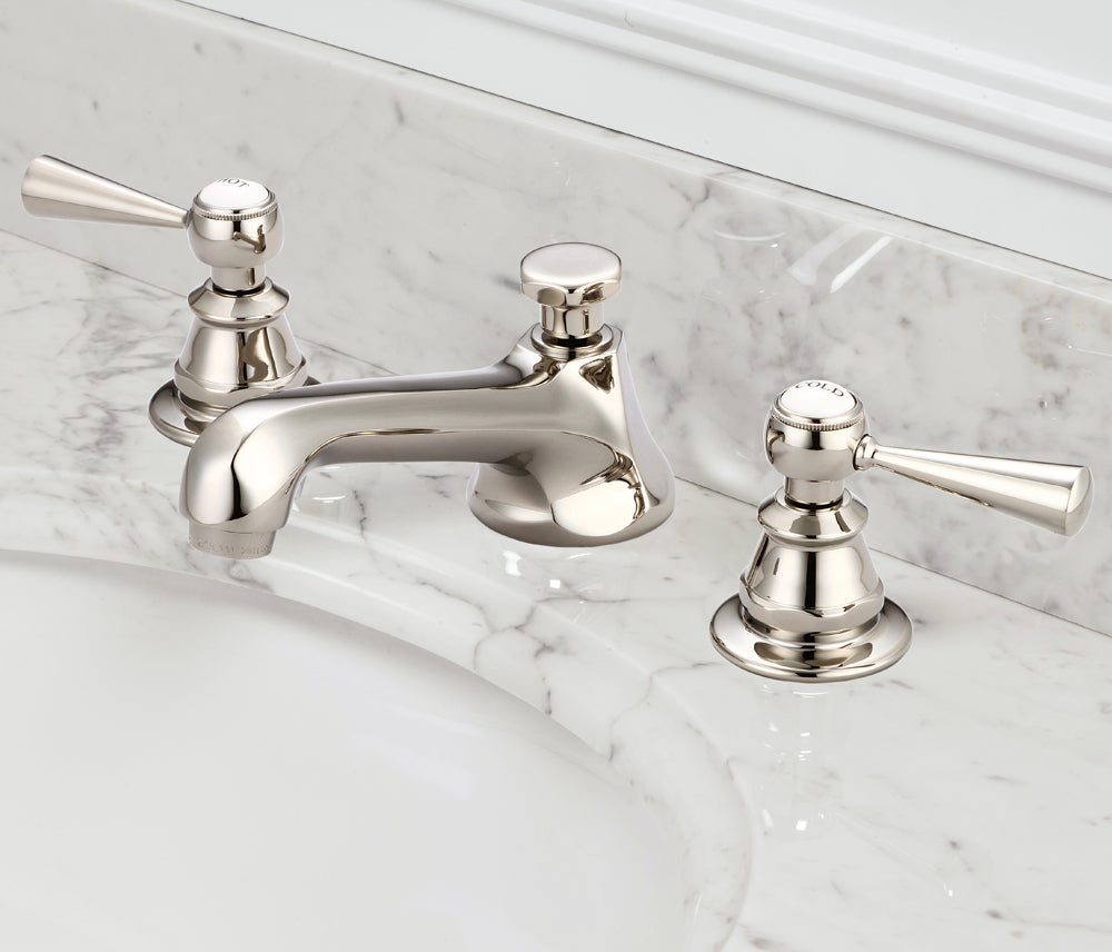 Water Creation | American 20th Century Classic Widespread Lavatory F2-0009 Faucets With Pop-Up Drain in Polished Nickel (PVD) Finish With Torch Lever Handles, Hot And Cold Labels Included | F2-0009-05-TL Water Creation | American 20th Century Classic Widespread Lavatory F2-0009 Faucets With Pop-Up Drain in Polished Nickel (PVD) Finish With Torch Lever Handles, Hot And Cold Labels Included | F2-0009-05-TL