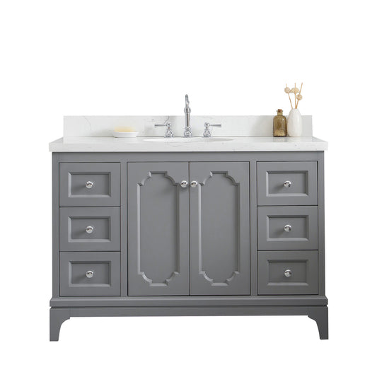 Water Creation | Queen 48-Inch Single Sink Quartz Carrara Vanity In Cashmere Grey With F2-0012-01-TL Lavatory Faucet(s) | QU48QZ01CG-000TL1201