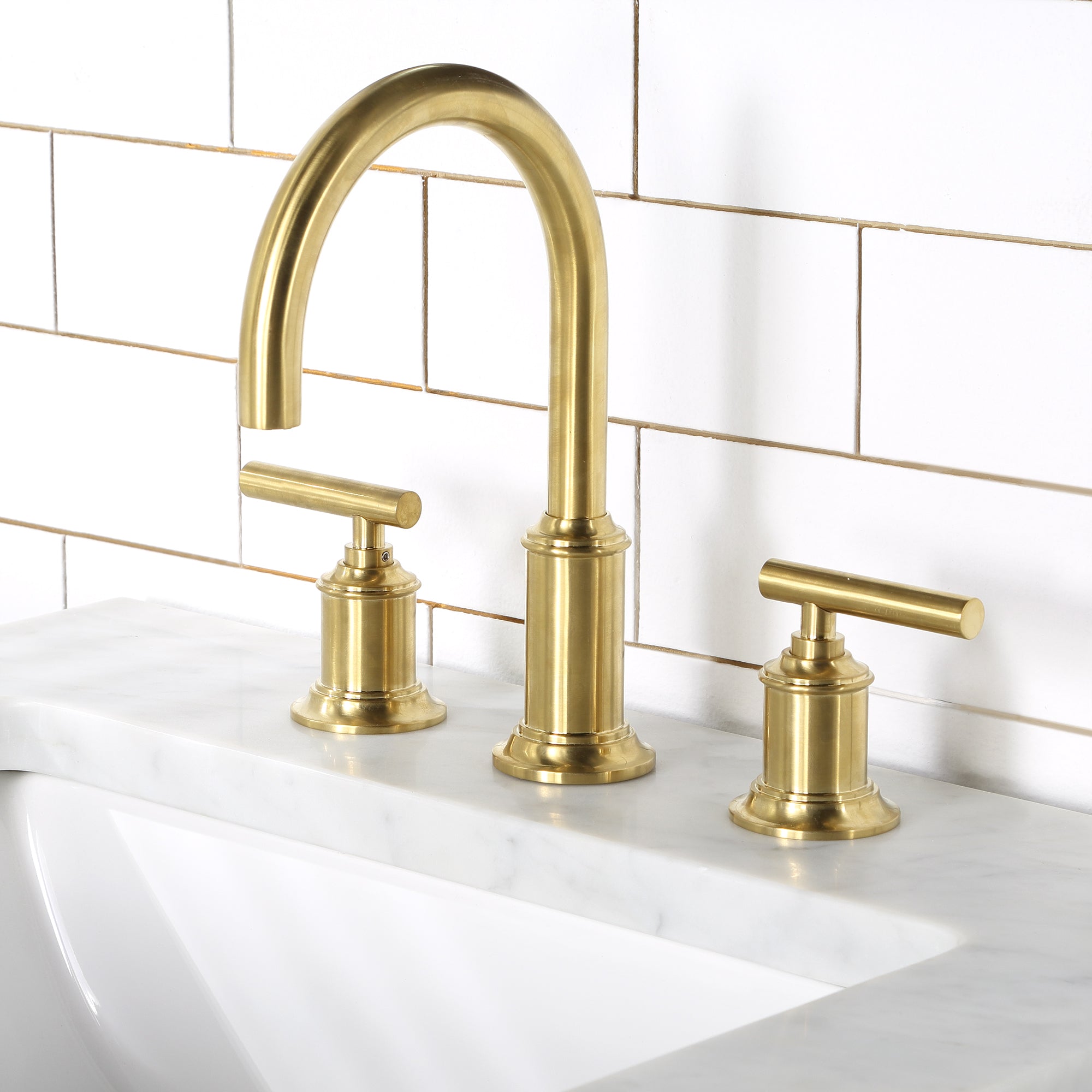 Water Creation | Water Creation Modern Gooseneck Spout Widespread Faucet F2-0014 in Satin Gold PVD | F2-0014-06-BL Water Creation | Water Creation Modern Gooseneck Spout Widespread Faucet F2-0014 in Satin Gold PVD | F2-0014-06-BL