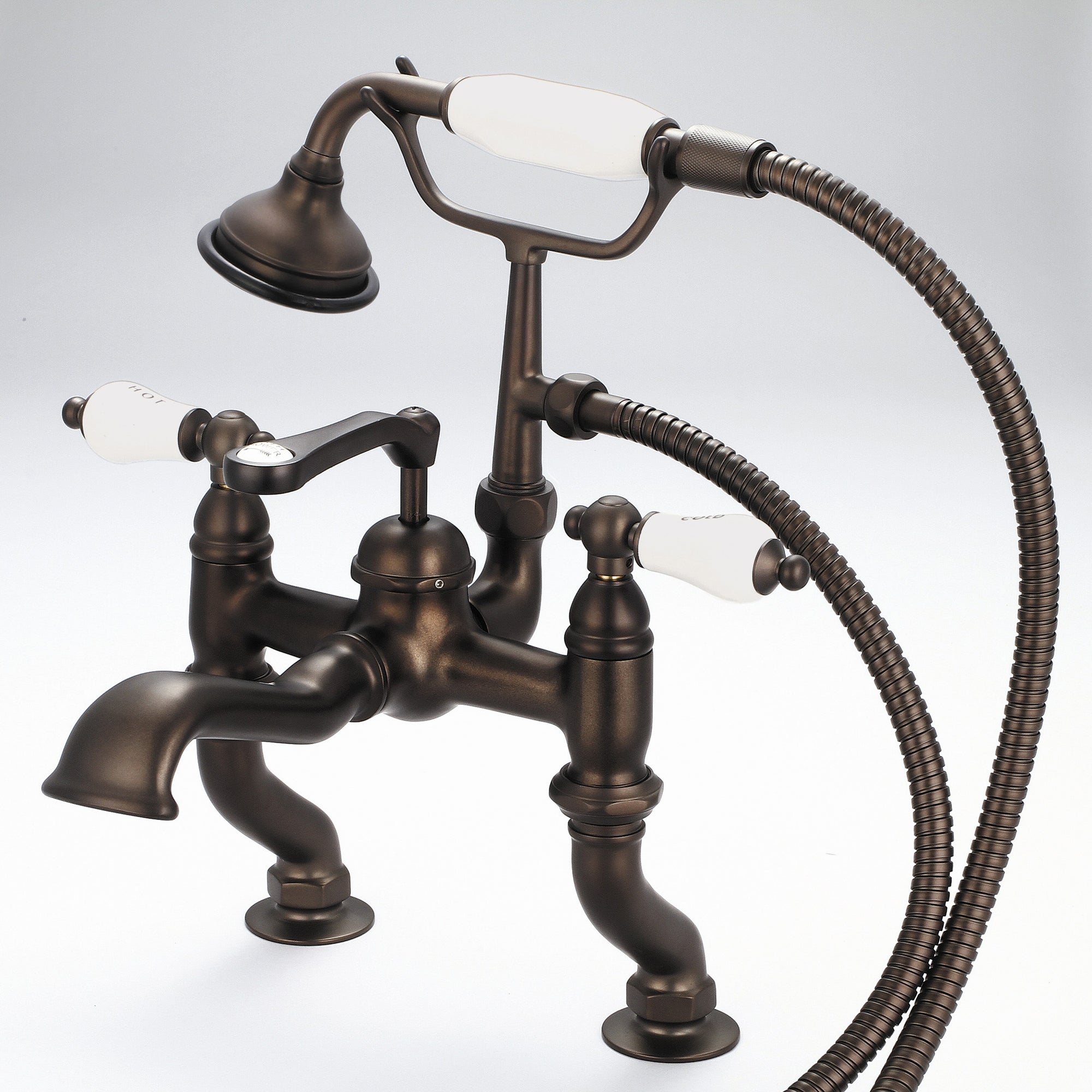 Water Creation | Vintage Classic Adjustable Center Deck Mount Tub Faucet With Handheld Shower in Oil-rubbed Bronze Finish Finish With Porcelain Lever Handles, Hot And Cold Labels Included | F6-0004-03-CL Water Creation | Vintage Classic Adjustable Center Deck Mount Tub Faucet With Handheld Shower in Oil-rubbed Bronze Finish Finish With Porcelain Lever Handles, Hot And Cold Labels Included | F6-0004-03-CL