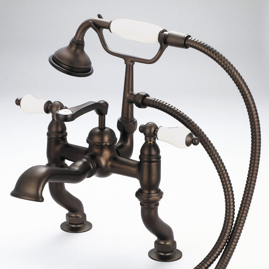Water Creation | Vintage Classic Adjustable Center Deck Mount Tub Faucet With Handheld Shower in Oil-rubbed Bronze Finish Finish With Porcelain Lever Handles, Hot And Cold Labels Included | F6-0004-03-CL