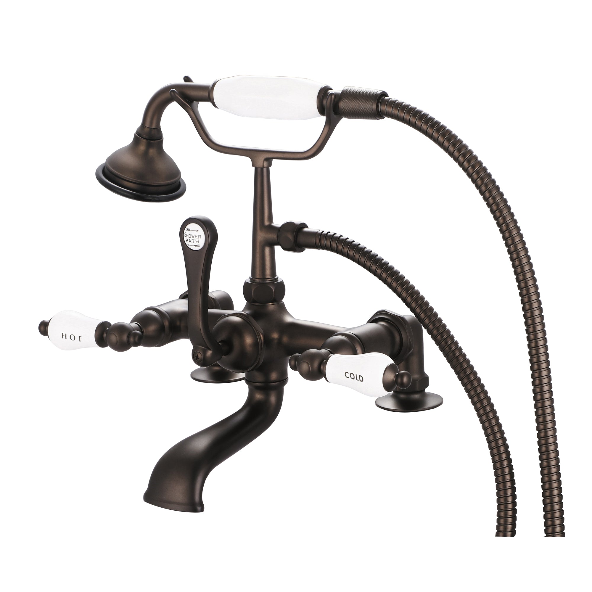 Water Creation | Vintage Classic 7 Inch Spread Deck Mount Tub Faucet With 2 Inch Risers & Handheld Shower in Oil-rubbed Bronze Finish Finish With Porcelain Lever Handles, Hot And Cold Labels Included | F6-0007-03-CL Water Creation | Vintage Classic 7 Inch Spread Deck Mount Tub Faucet With 2 Inch Risers & Handheld Shower in Oil-rubbed Bronze Finish Finish With Porcelain Lever Handles, Hot And Cold Labels Included | F6-0007-03-CL