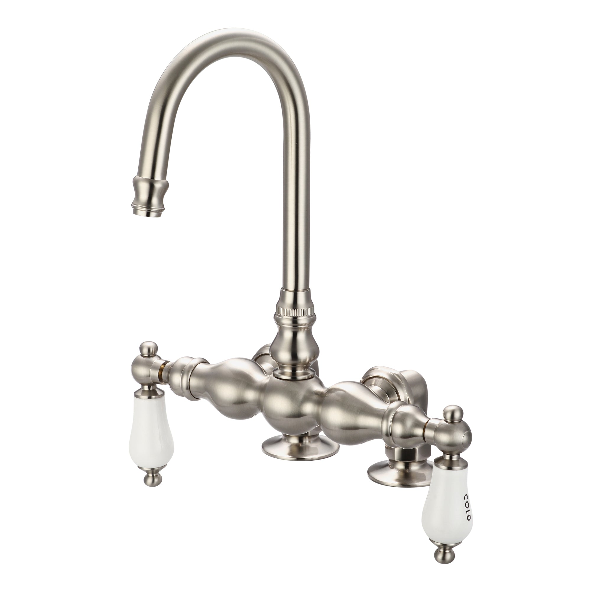 Water Creation | Vintage Classic 3.375 Inch Center Deck Mount Tub Faucet With Gooseneck Spout & 2 Inch Risers in Brushed Nickel Finish With Porcelain Lever Handles, Hot And Cold Labels Included | F6-0016-02-CL Water Creation | Vintage Classic 3.375 Inch Center Deck Mount Tub Faucet With Gooseneck Spout & 2 Inch Risers in Brushed Nickel Finish With Porcelain Lever Handles, Hot And Cold Labels Included | F6-0016-02-CL