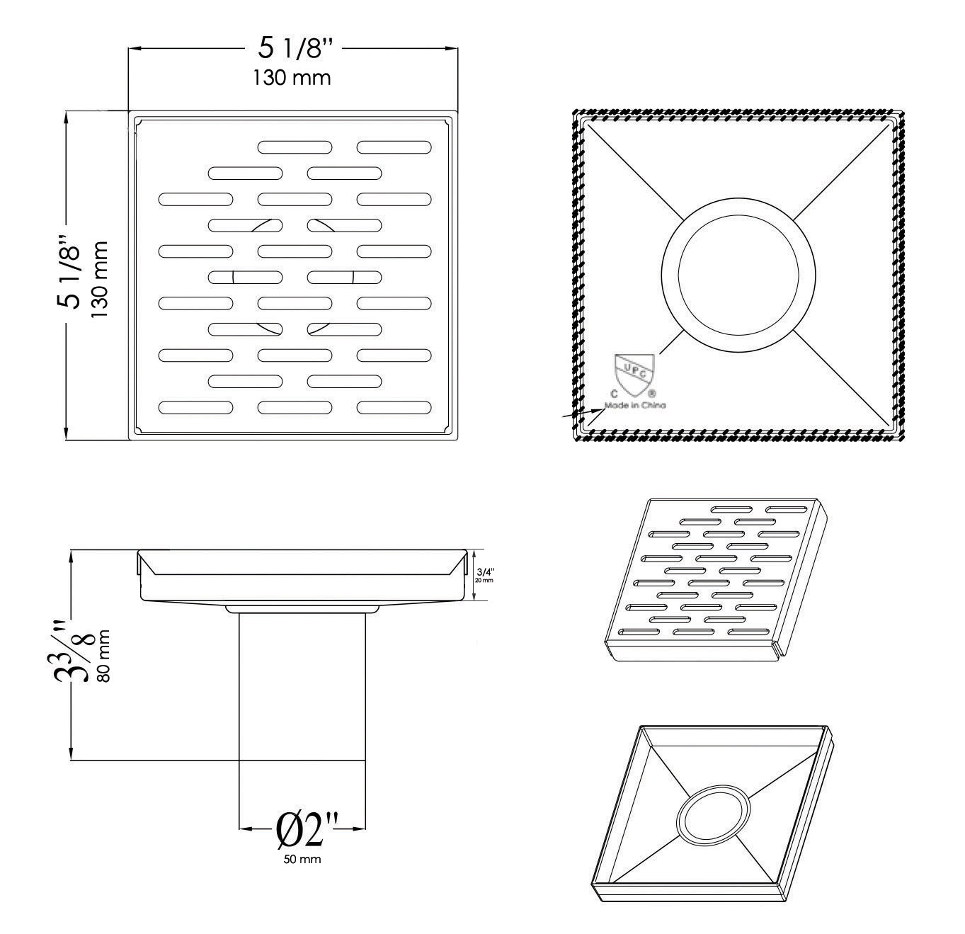 ALFI Brand - 5" x 5" Black Matte Square Stainless Steel Shower Drain with Groove Holes | ABSD55C-BM ALFI Brand - 5" x 5" Black Matte Square Stainless Steel Shower Drain with Groove Holes | ABSD55C-BM