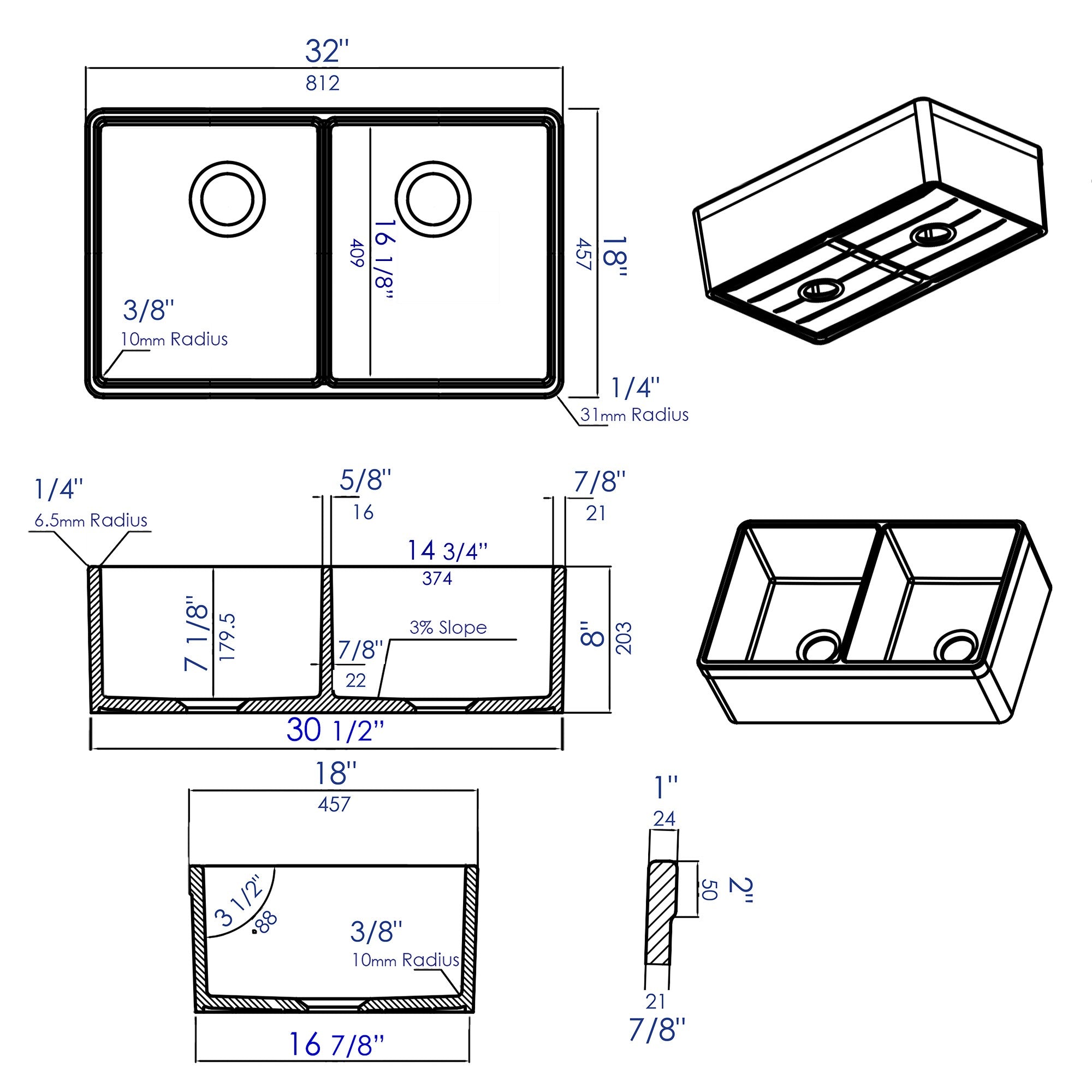 ALFI Brand - 32 inch White Double Bowl Fireclay Undermount Kitchen Sink | AB512UM-W ALFI Brand - 32 inch White Double Bowl Fireclay Undermount Kitchen Sink | AB512UM-W