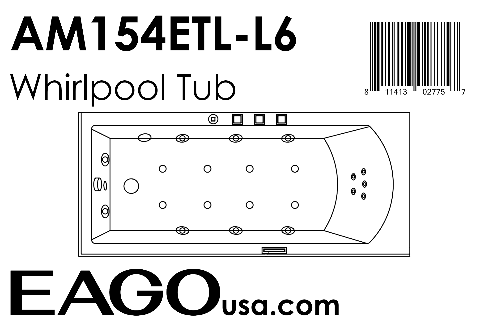EAGO - 6 ft Acrylic White Rectangular Whirlpool Bathtub w Fixtures | AM154ETL-L6 EAGO - 6 ft Acrylic White Rectangular Whirlpool Bathtub w Fixtures | AM154ETL-L6