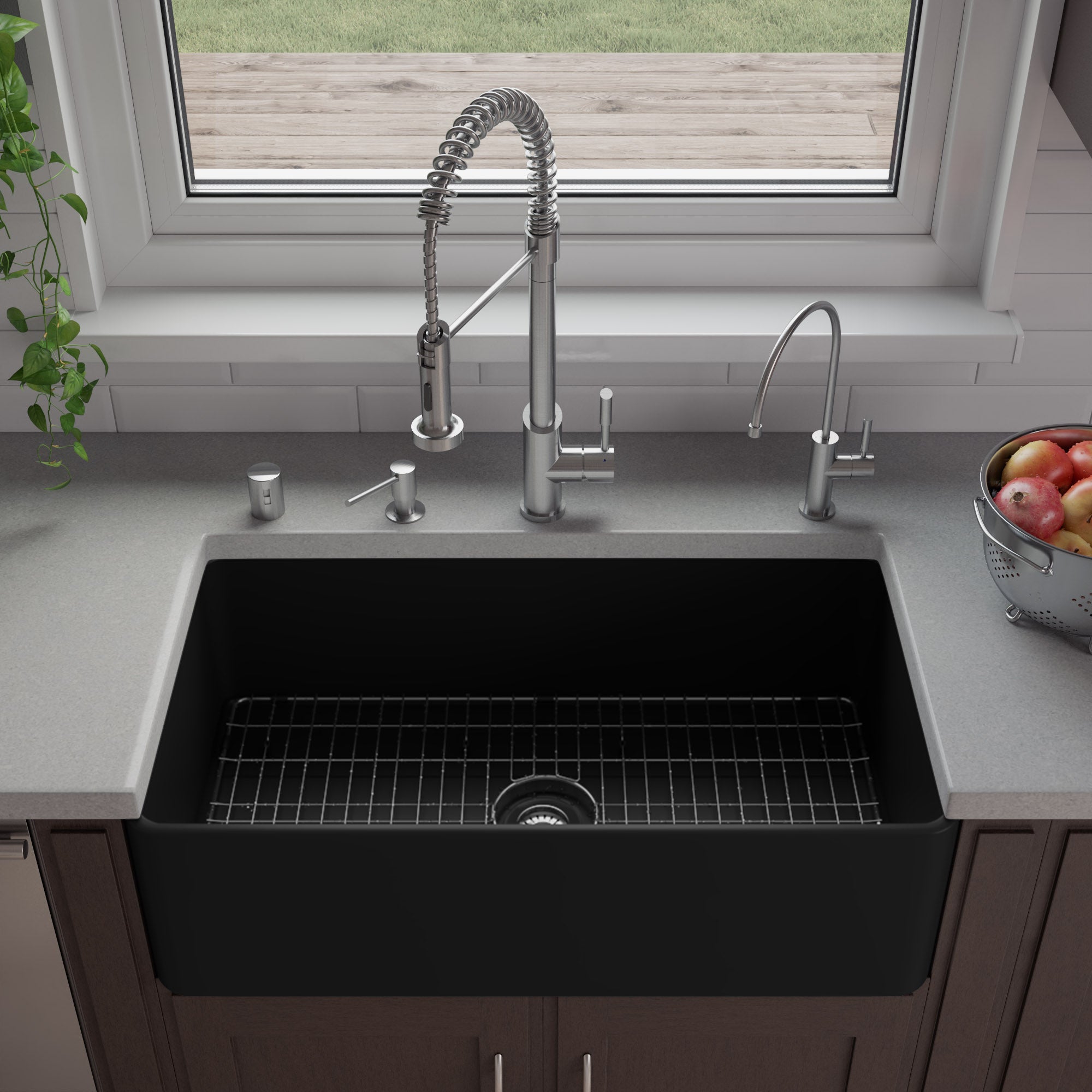 ALFI Brand - Black Matte Smooth Apron 33" x 18" Single Bowl Fireclay Farm Sink | ABF3318S-BM ALFI Brand - Black Matte Smooth Apron 33" x 18" Single Bowl Fireclay Farm Sink | ABF3318S-BM