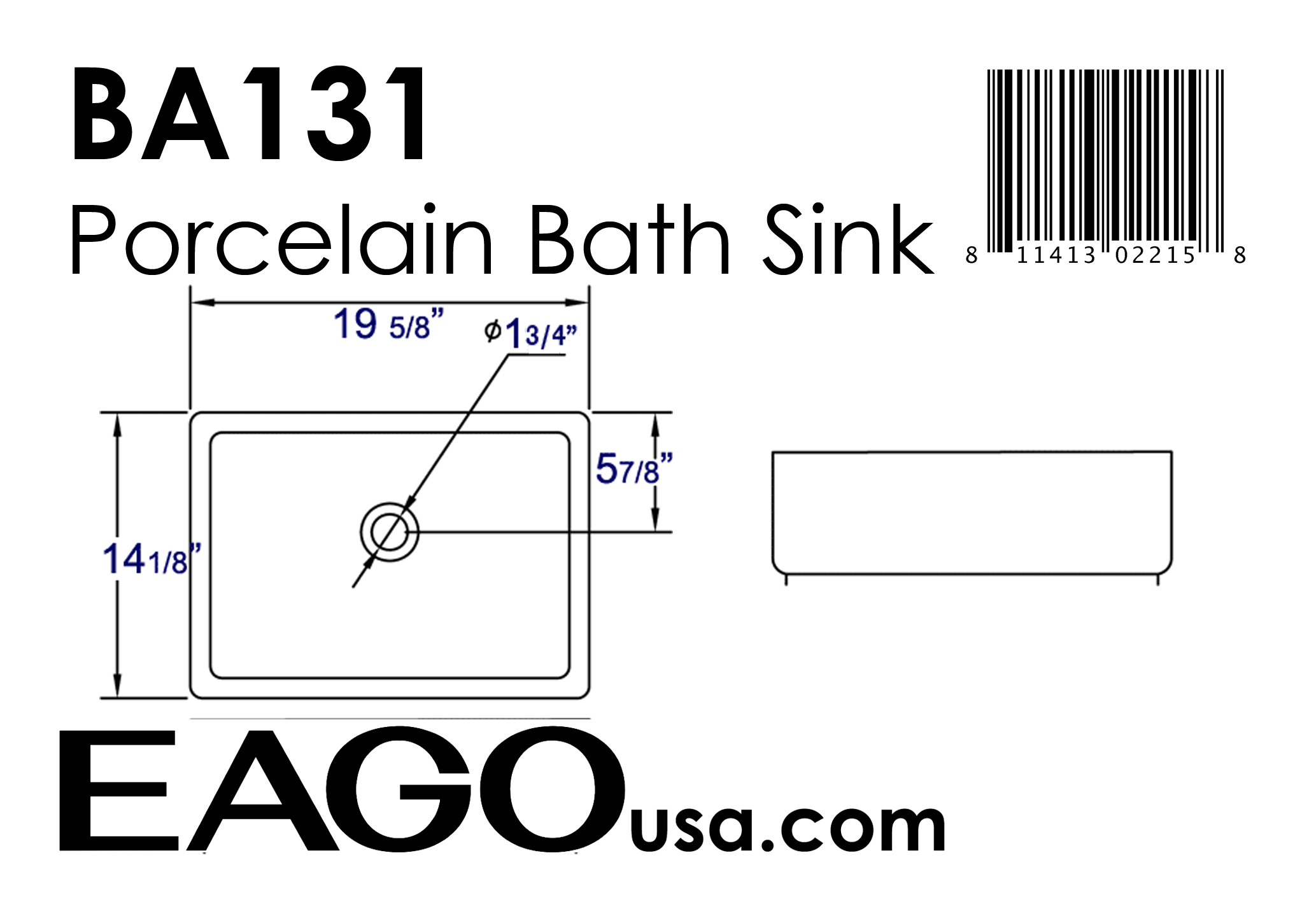 EAGO - 20" RECTANGULAR CERAMIC ABOVE MOUNT BASIN VESSEL SINK | BA131 EAGO - 20" RECTANGULAR CERAMIC ABOVE MOUNT BASIN VESSEL SINK | BA131