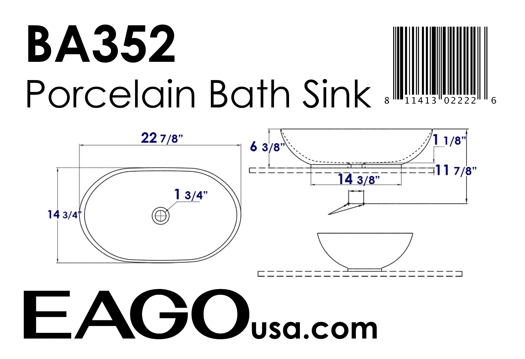 EAGO - 23" OVAL CERAMIC ABOVE MOUNT BATHROOM BASIN VESSEL SINK | BA352 EAGO - 23" OVAL CERAMIC ABOVE MOUNT BATHROOM BASIN VESSEL SINK | BA352