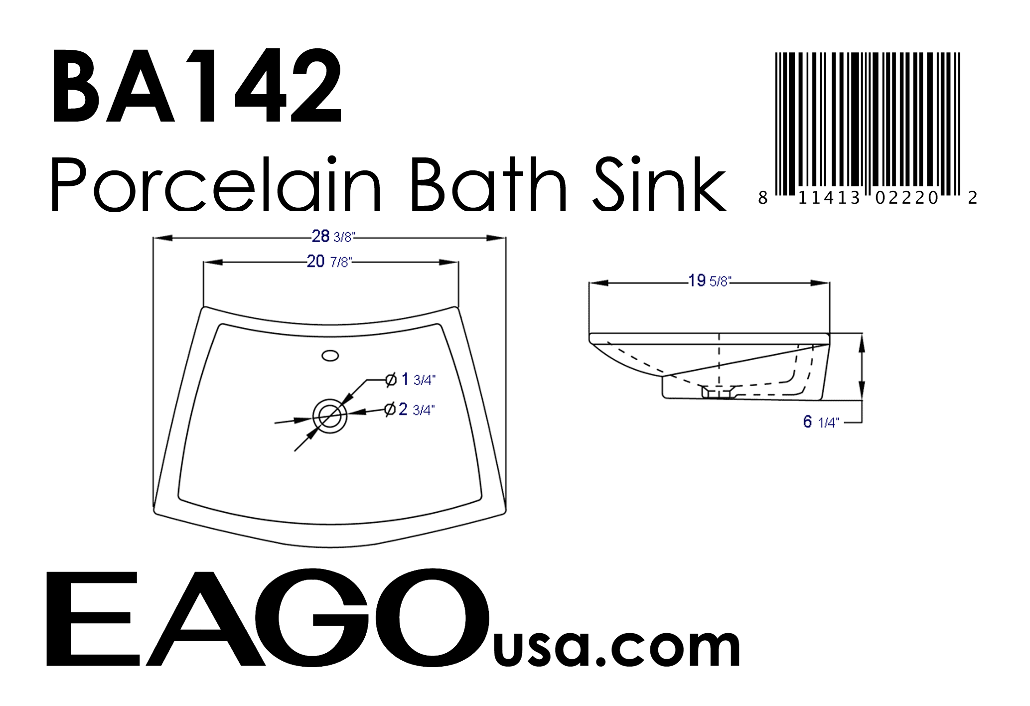 EAGO - 28" Rectangular Porcelain Bathroom Vessel Sink with Single Hole | BA142 EAGO - 28" Rectangular Porcelain Bathroom Vessel Sink with Single Hole | BA142