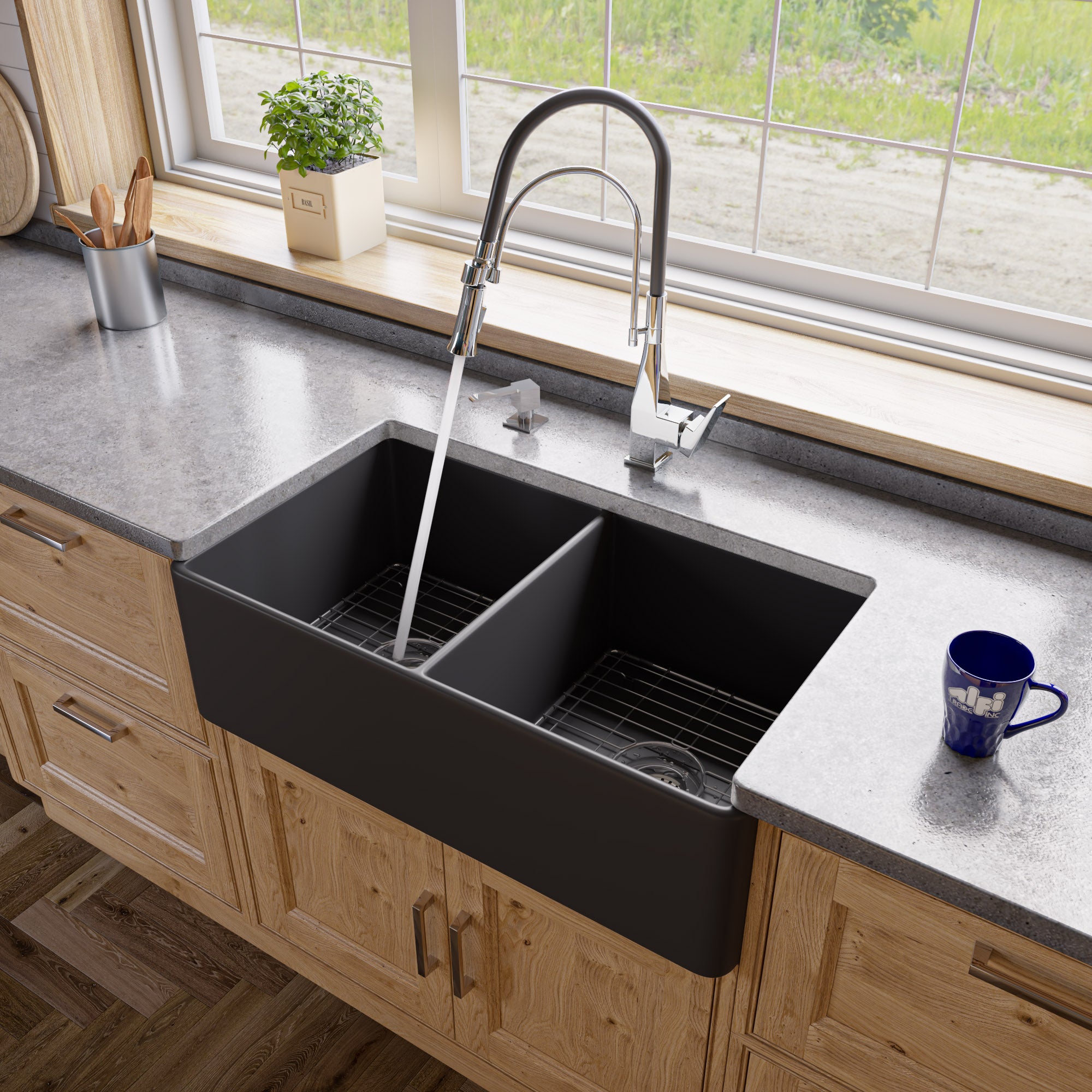 ALFI Brand - Black Matte Smooth Apron 33" x 18" Double Bowl Fireclay Farm Sink | ABF3318D-BM ALFI Brand - Black Matte Smooth Apron 33" x 18" Double Bowl Fireclay Farm Sink | ABF3318D-BM
