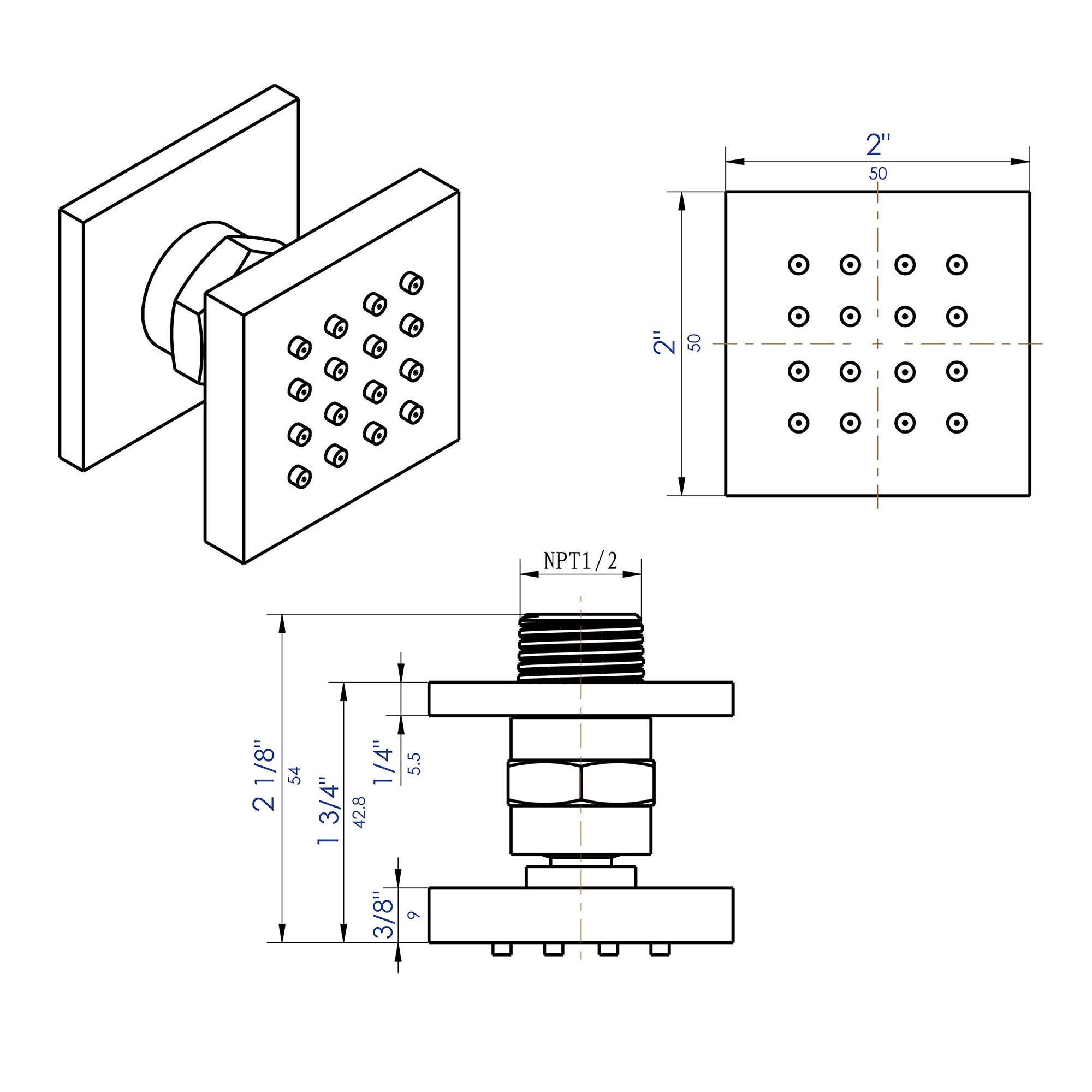ALFI Brand - Black Matte 2" Square Adjustable Shower Body Spray | AB3820-BM ALFI Brand - Black Matte 2" Square Adjustable Shower Body Spray | AB3820-BM